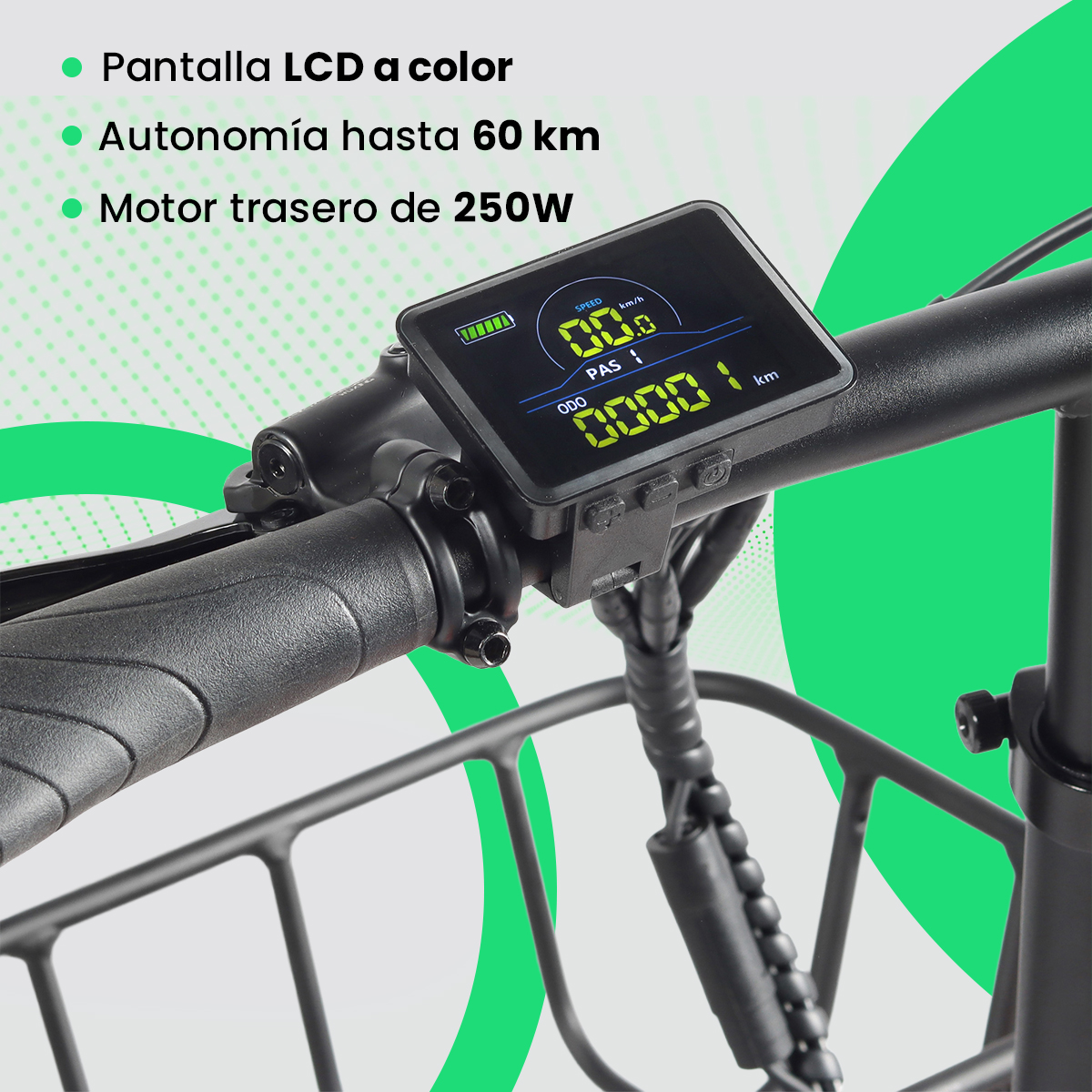Primer plano de la pantalla de una bicicleta eléctrica que muestra velocidad y distancia. Texto en español.