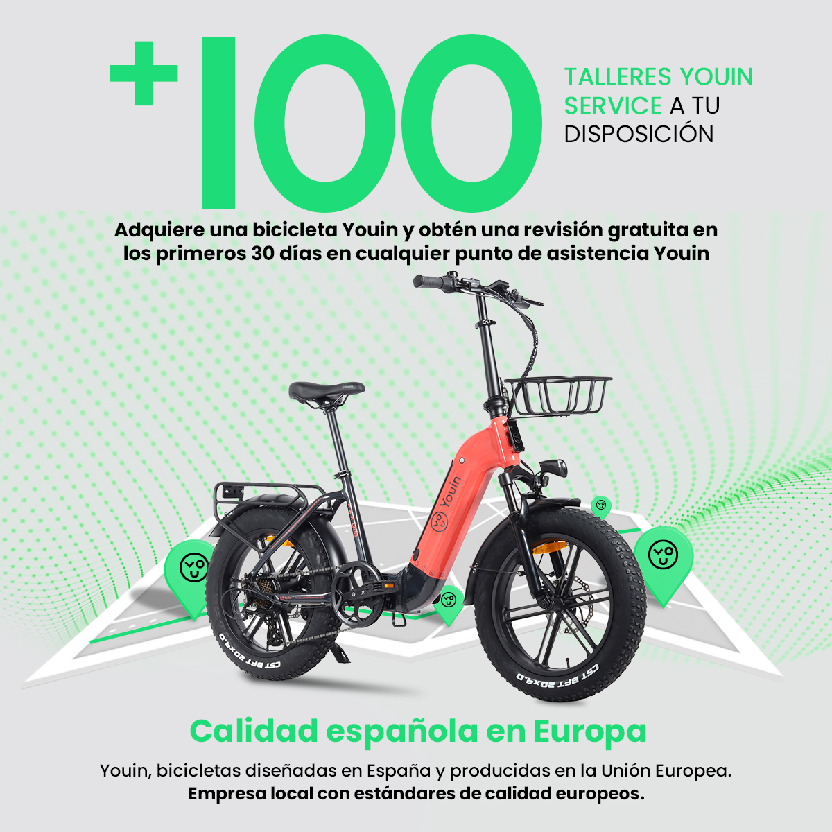 Una bicicleta eléctrica roja con el logo Youin, más texto sobre servicio y calidad en Europa.