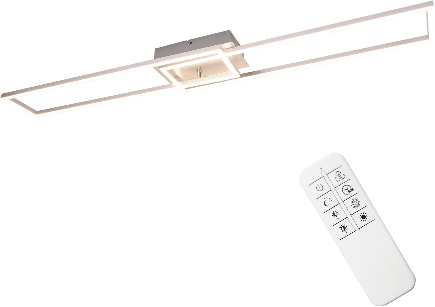 Una lámpara de techo rectangular con dos tiras de luz paralelas y un mando a distancia. La luz está sobre un fondo blanco.