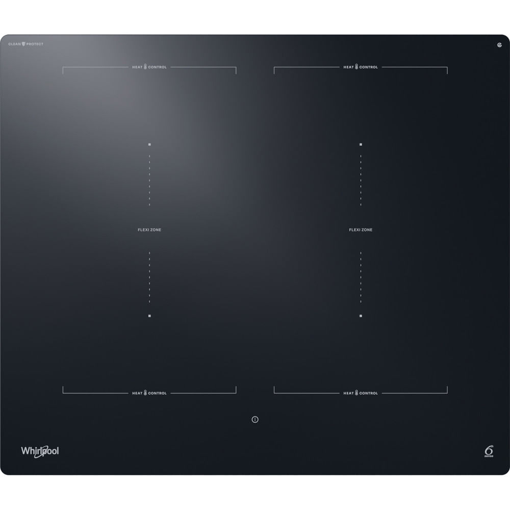 Placa negra con cuatro zonas, controles táctiles y el logo Whirlpool. Zonas superiores etiquetadas flexi zone.