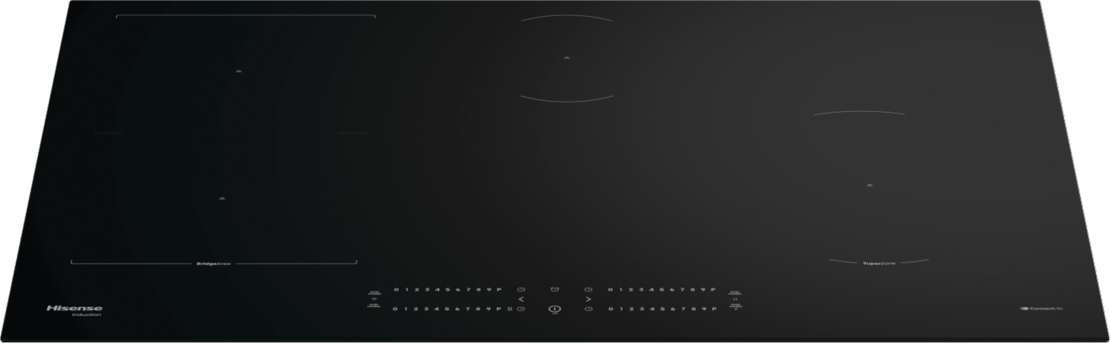 Un piano cottura a induzione Hisense nero con quattro zone di cottura e un pannello di controllo touch frontale.