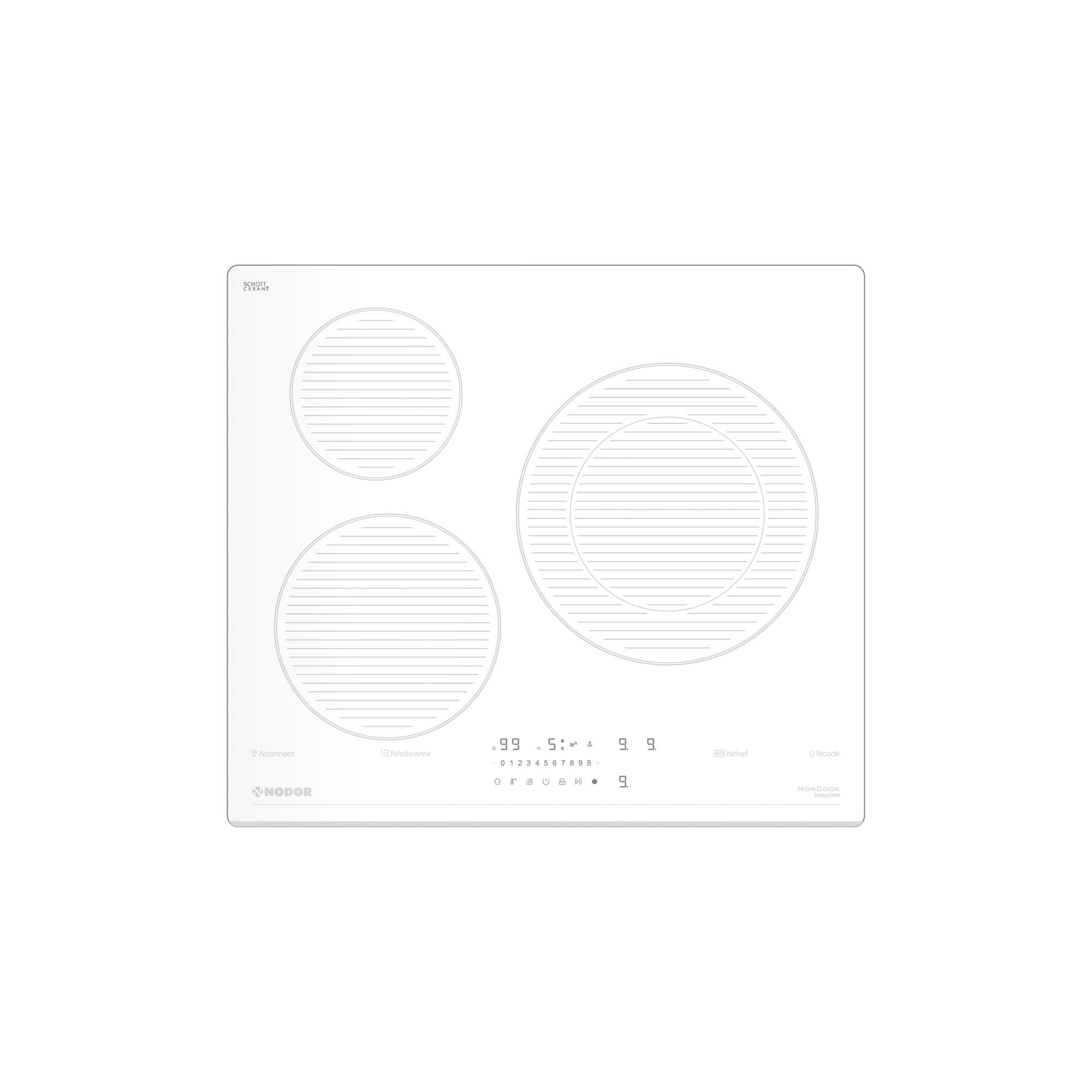 Placa de inducción blanca con tres zonas de cocción circulares y pantalla digital. Panel abajo.