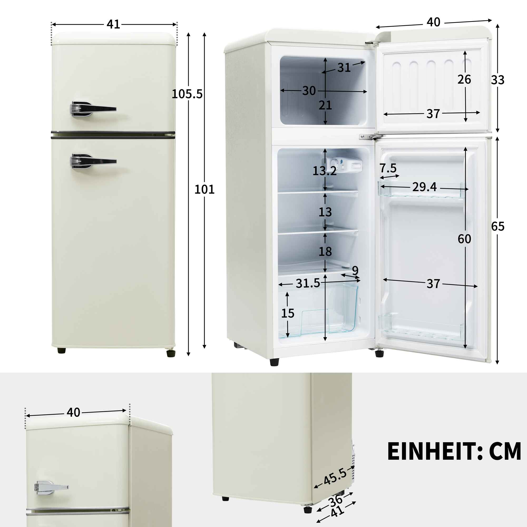 Weißer Retro-Kühlschrank mit Maßen in cm. Die Tür ist geöffnet und gibt den Innenraum frei.