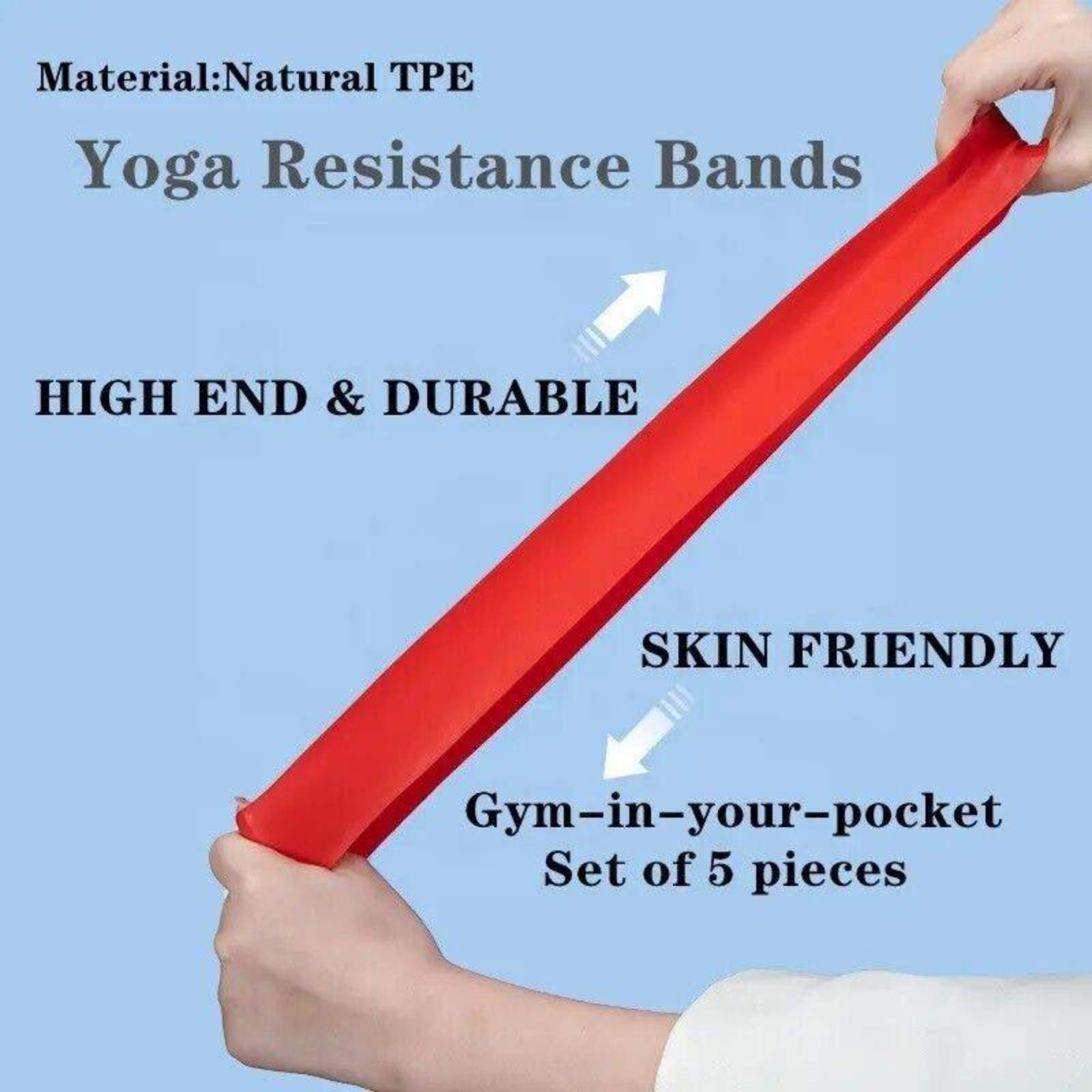 Ein rotes Yoga-Widerstandsband wird von Händen gehalten, mit Text, der seine Eigenschaften beschreibt.