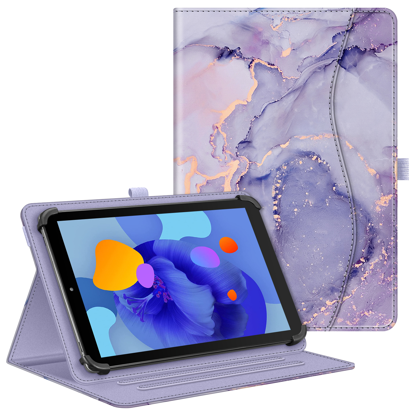 Ein Tablet in einer lila Marmor gemusterten Hülle, geöffnet dargestellt, mit einer Hülle dahinter.