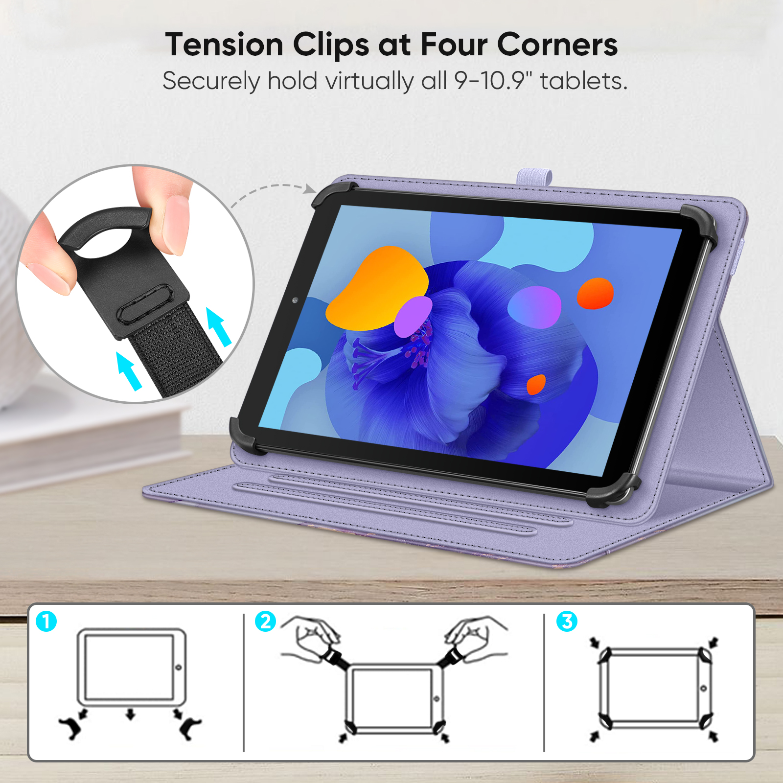 Ein Tablet in einer lila Hülle mit Diagramm zur Sicherung mit Spannclips.