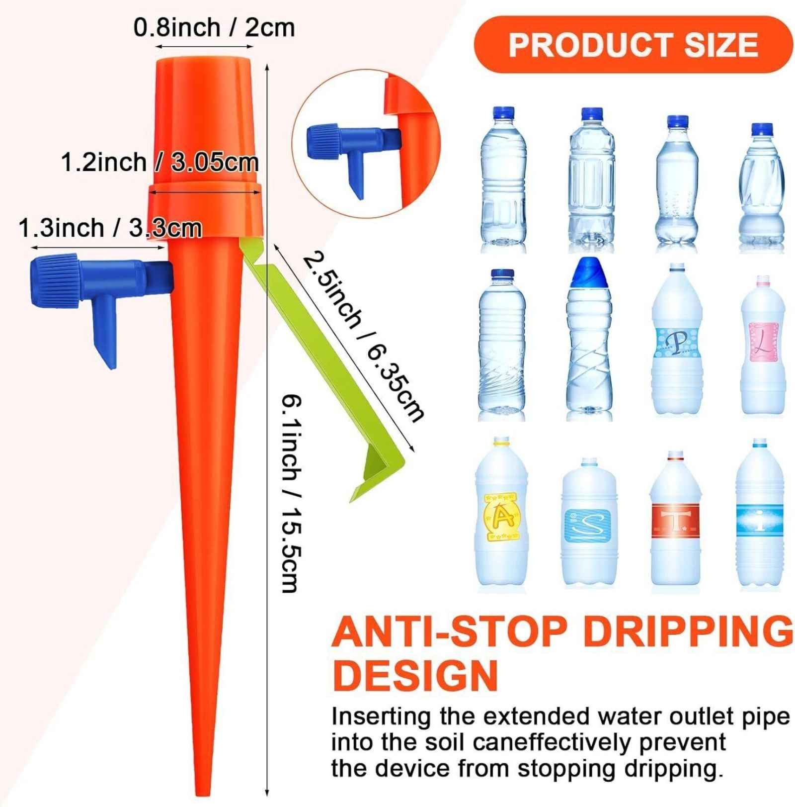 Ein orangefarbener Bewässerungsstachel mit blauem Ventil, neben einem Diagramm mit Messungen und Text zur Funktion.