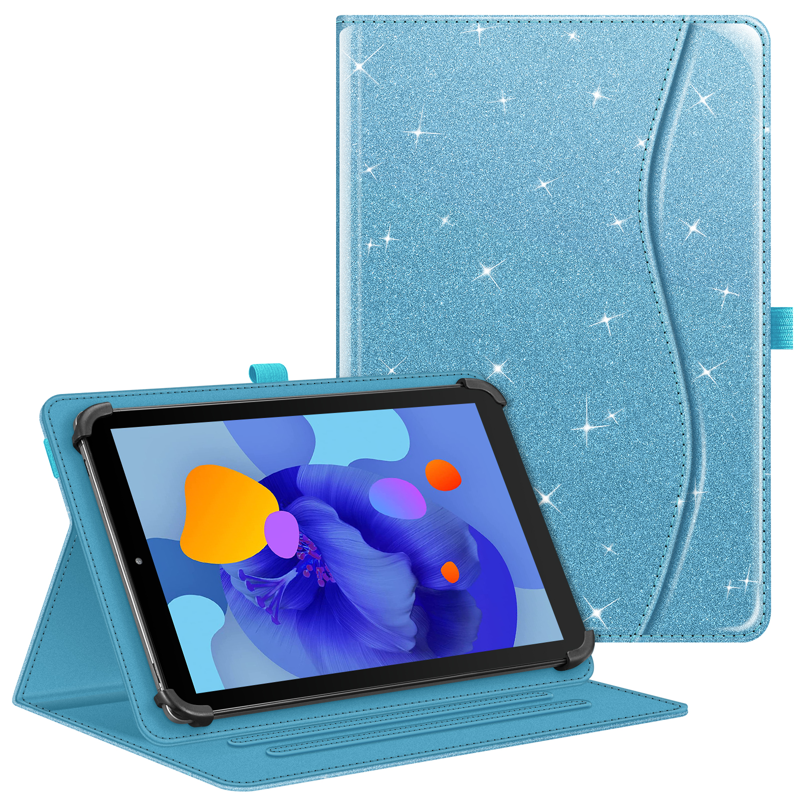 Tablet in einer hellblauen Hülle, schräg dargestellt. Mit Sternenmuster.