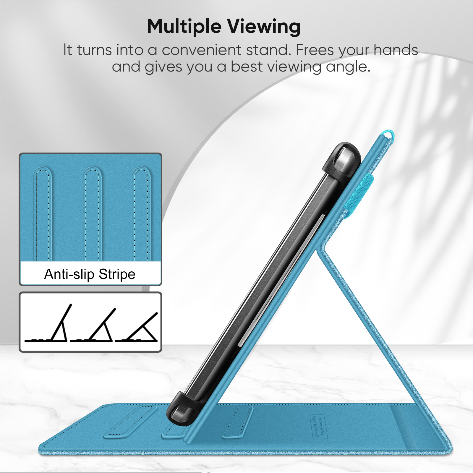 Eine hellblaue Tablet-Hülle in Ständerposition, mit dem Text „Multiple Viewing“.