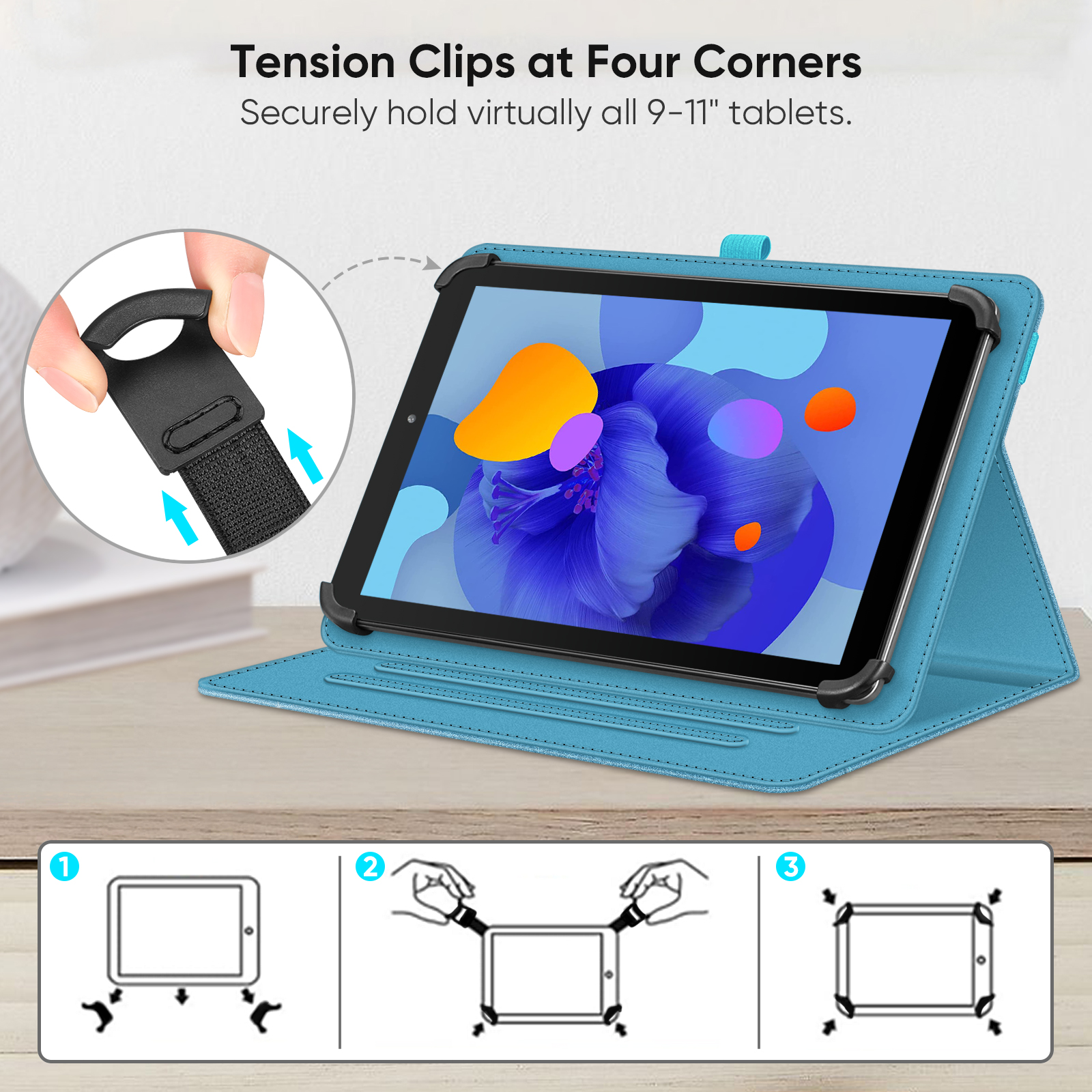 Tablet in einer blauen Hülle, mit Spannclips und Anweisungen zur Sicherung.