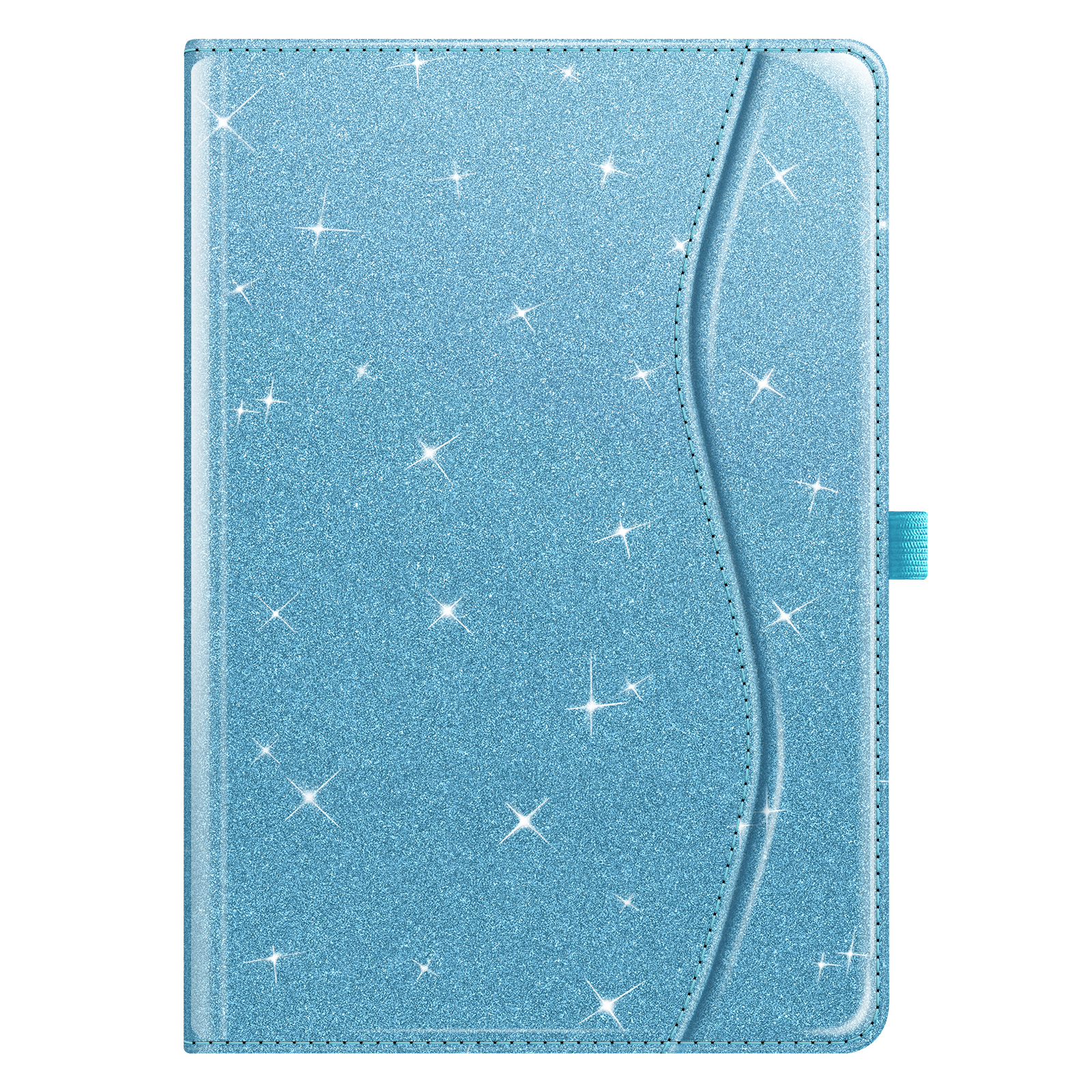 Eine blaue Tablethülle mit Glitzerdesign. Sie hat ein blaues Gummiband und ein wellenförmiges Design auf der Vorderseite.