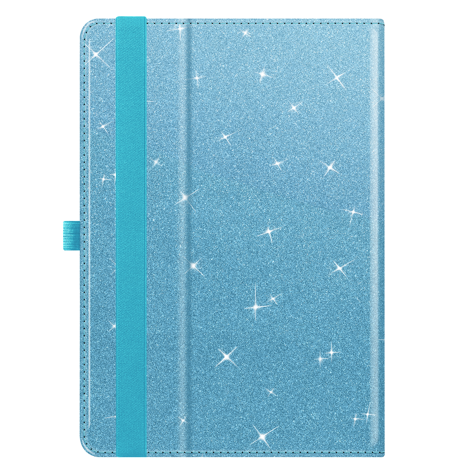 Eine blaue Tablethülle ist geschlossen. Sie hat ein blaues Gummiband und ein glitzerndes Design auf der Oberfläche. Die Hülle ist geschlossen.