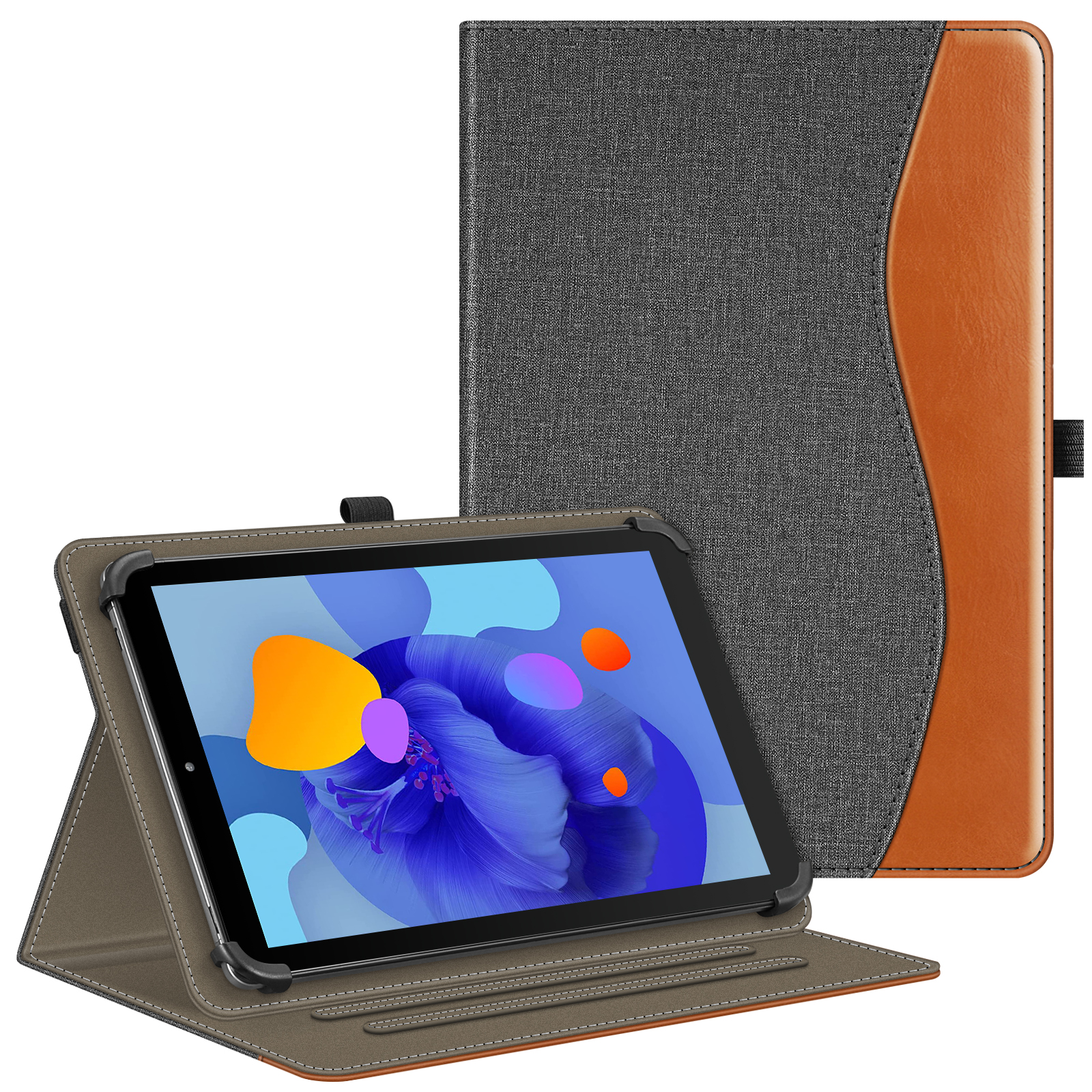 Tablet in einer grau-braunen Hülle. Das Tablet ist sichtbar. Die Hülle ist offen. Die Hülle besteht aus grauem Stoff und braunem Leder.