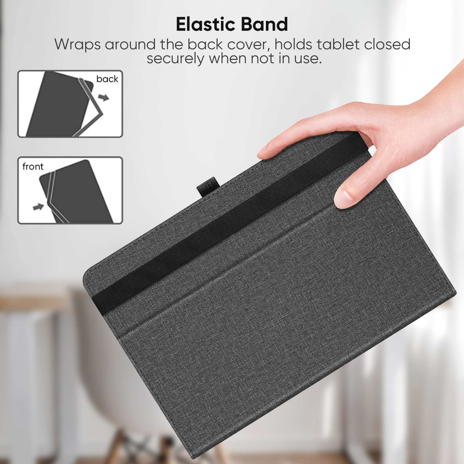 Tablethülle in der Hand, grau mit schwarzem Gummiband.