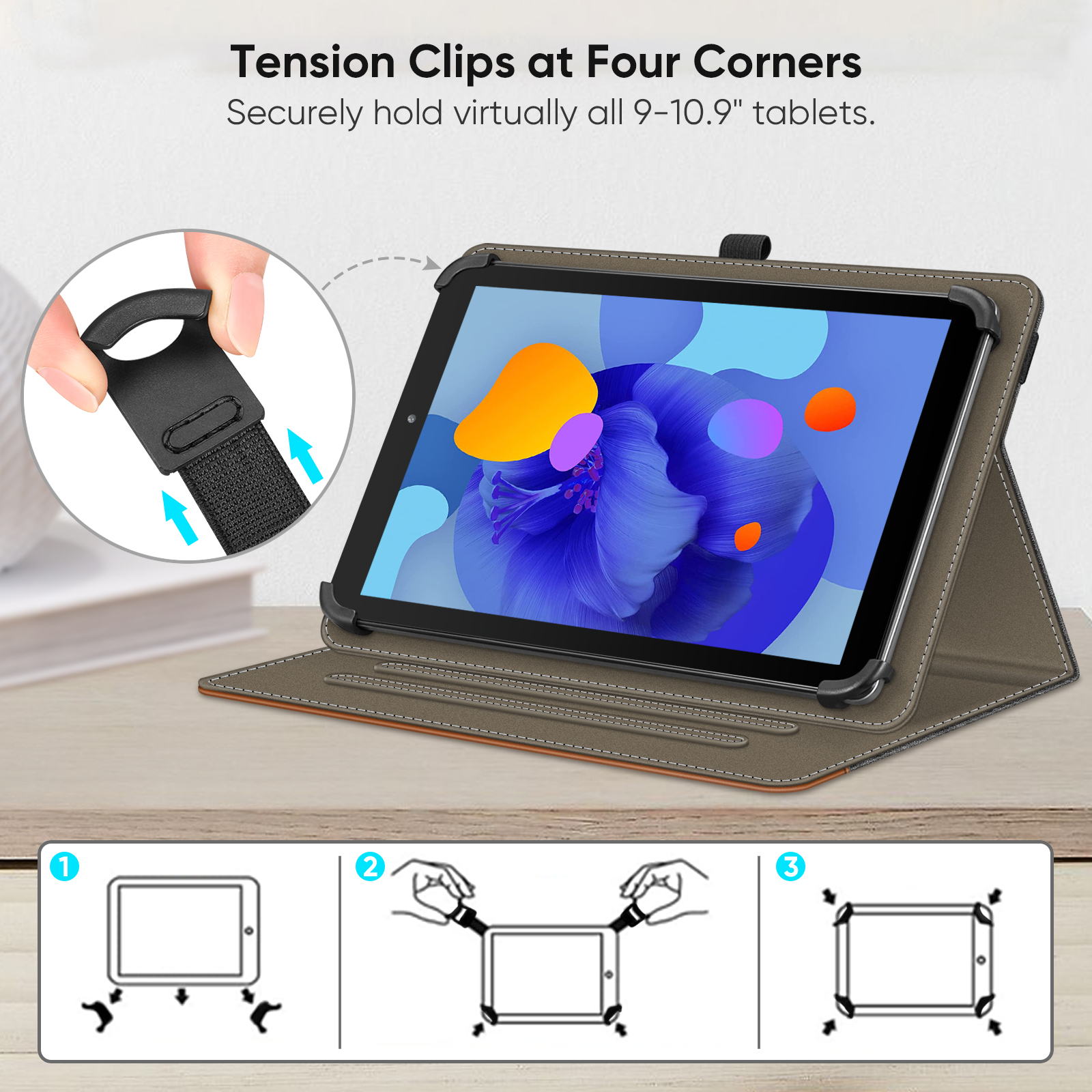 Tablet in einer Hülle. Diagramm zeigt, wie man Clips verwendet. Die Hülle ist braun und orange. Das Tablet ist schwarz.