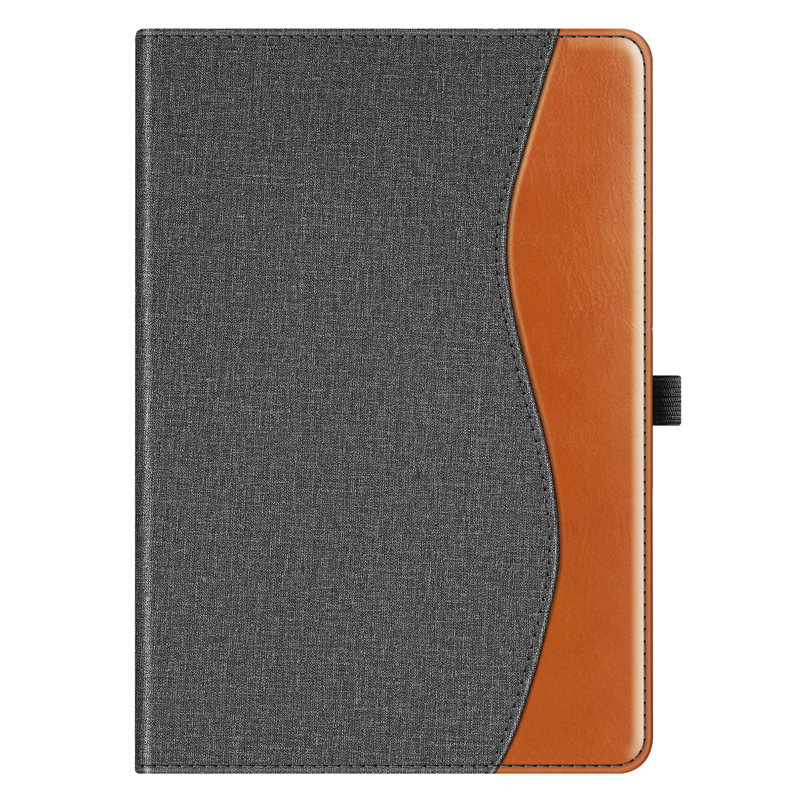 Geschlossene graue Tablethülle mit braunem geschwungenem Design an der Seite.