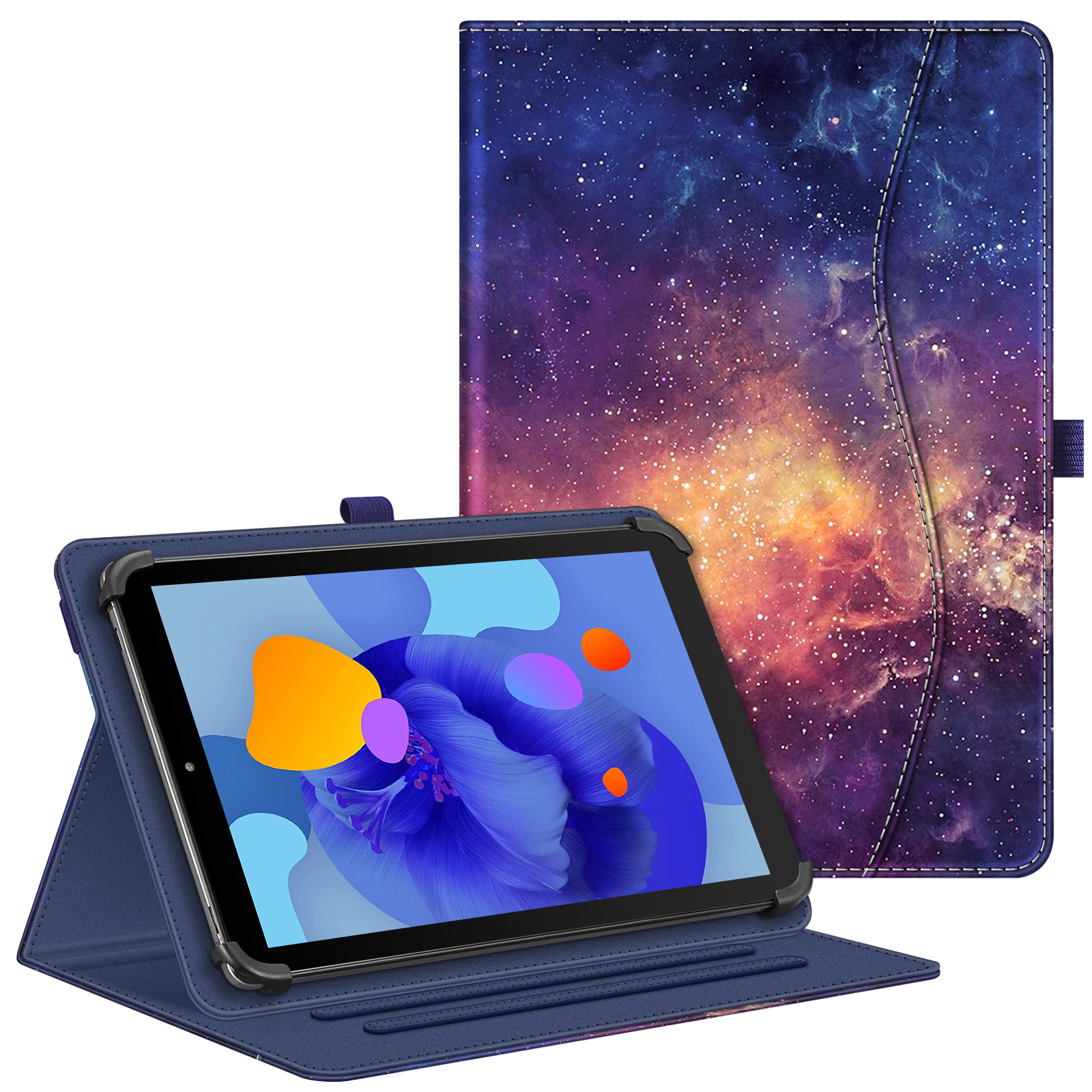 Tablethülle mit Galaxiedesign, offen mit Tablet im Inneren.