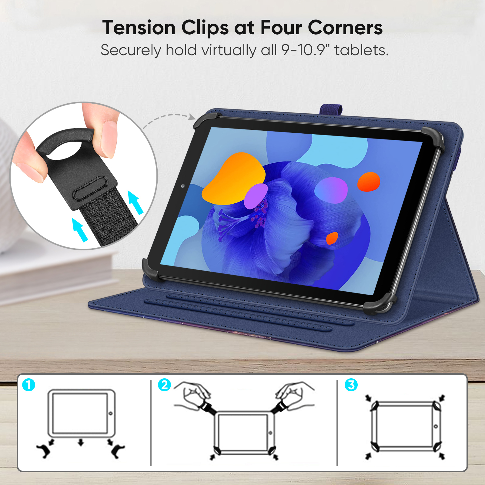 Tablet in blauer Hülle. Spannclips sichern das Tablet. Diagramme zeigen, wie man das Tablet sichert.