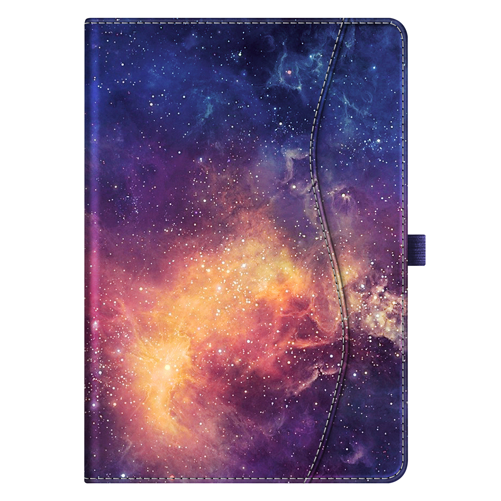 Eine geschlossene Tablet-Hülle mit Galaxie-Design. Die Hülle hat ein dunkelblaues und violettes Farbschema mit weißen Punkten.