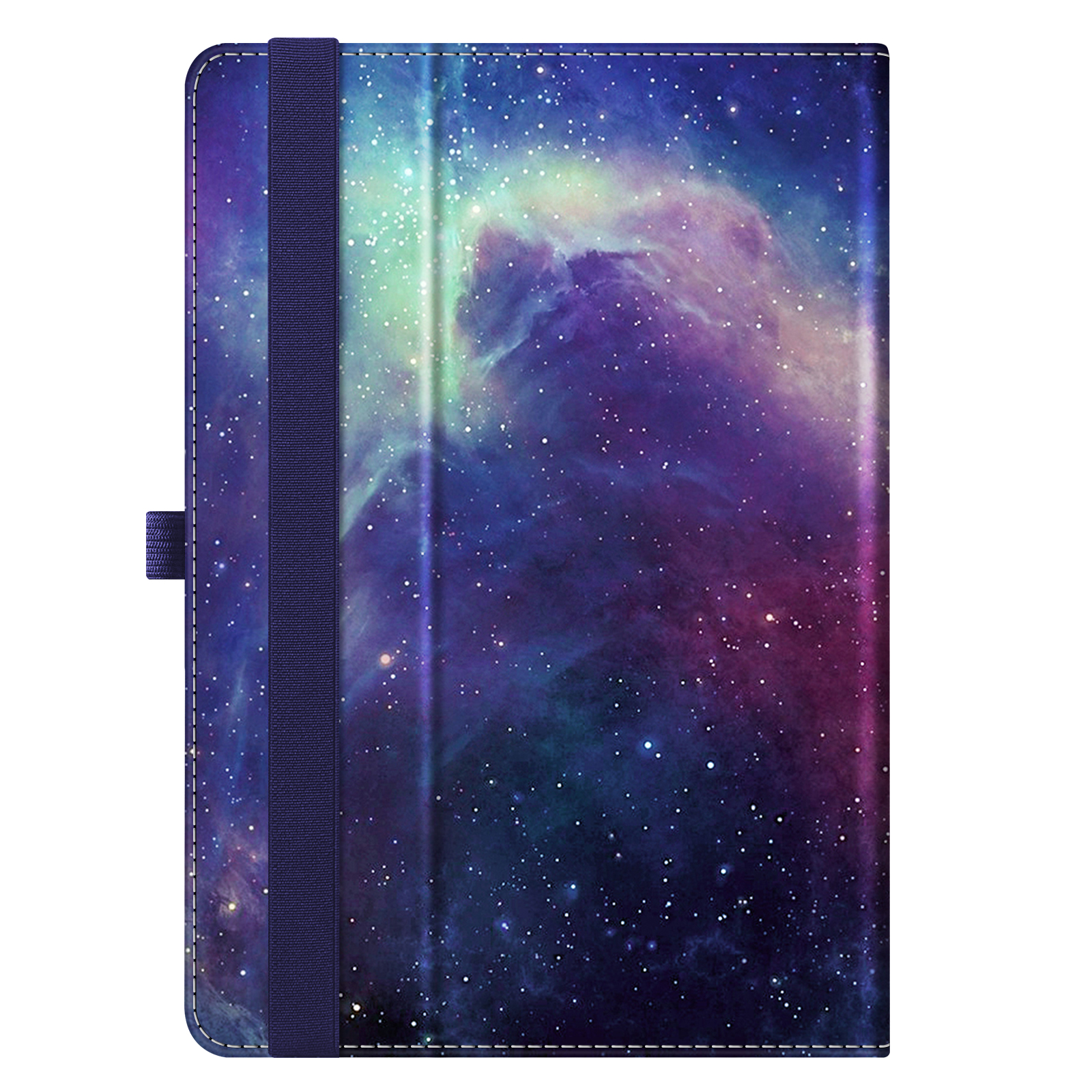 Tablethülle mit Galaxiedesign, geschlossen mit einem dunkelblauen Gummiband.