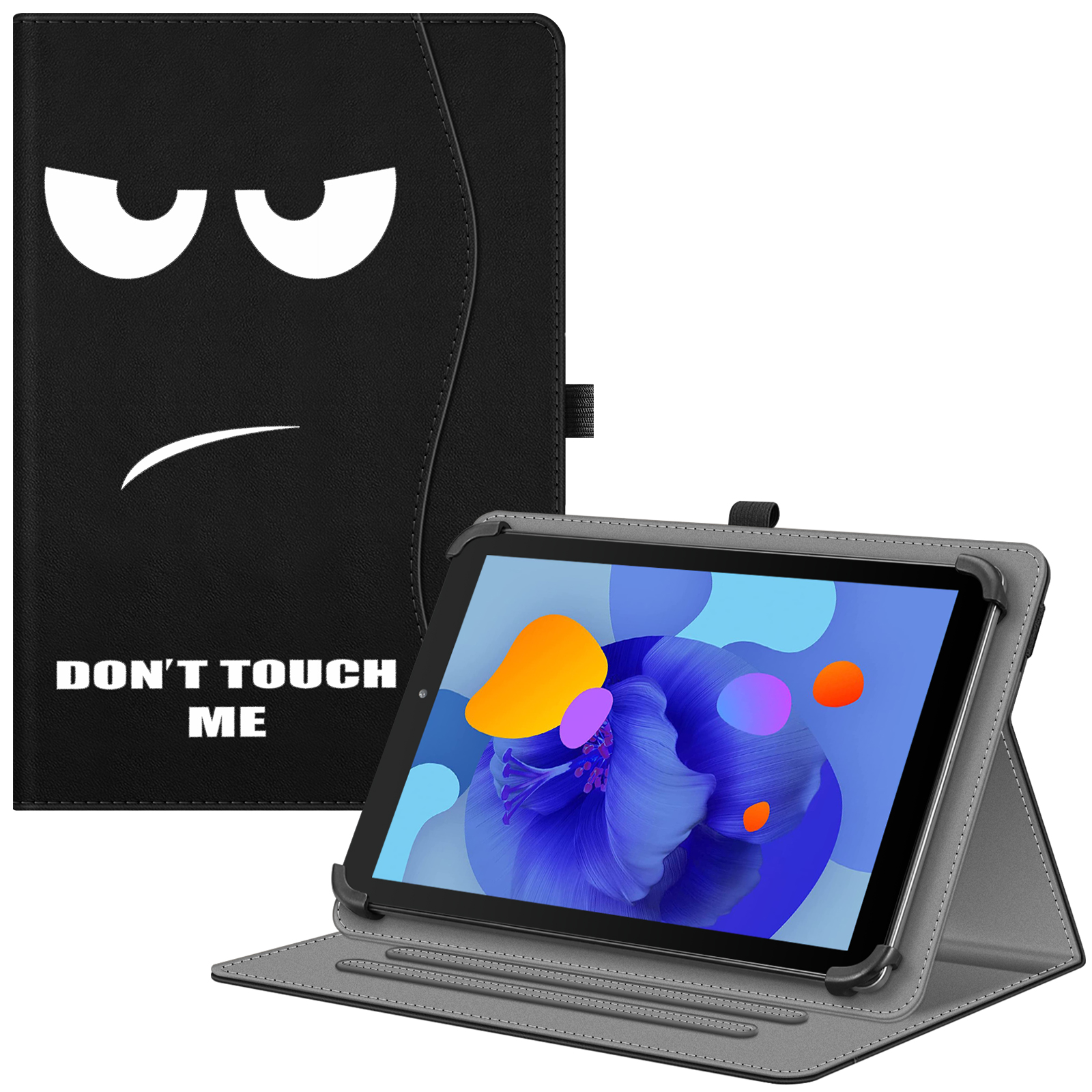 Schwarze Tablet-Hülle mit weißen, wütenden Augen und dem Text 'DON'T TOUCH ME'. Tablet ist drin.
