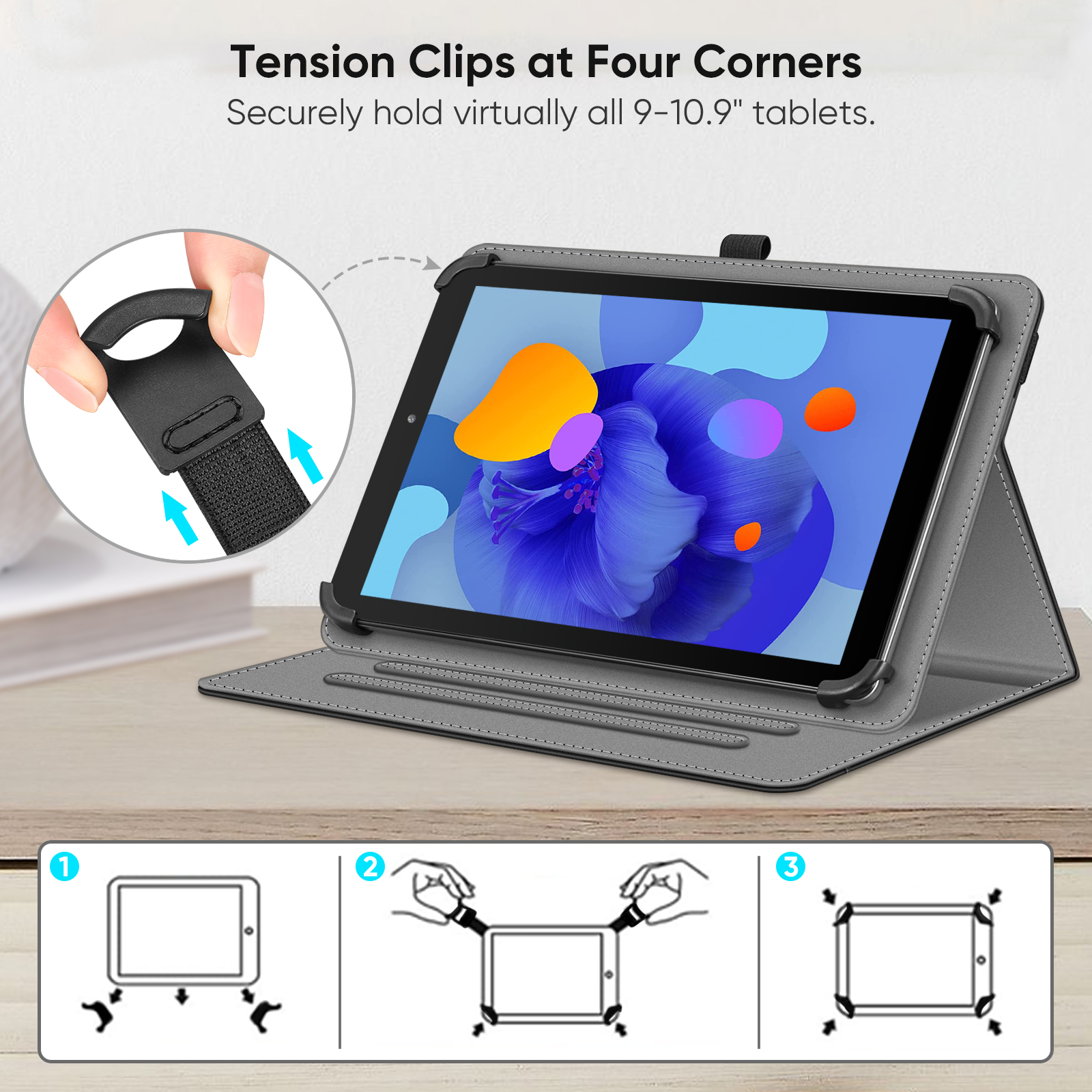 Tablet in grauem Gehäuse. Spannclips sichern das Tablet. Diagramme zeigen, wie man das Tablet sichert.