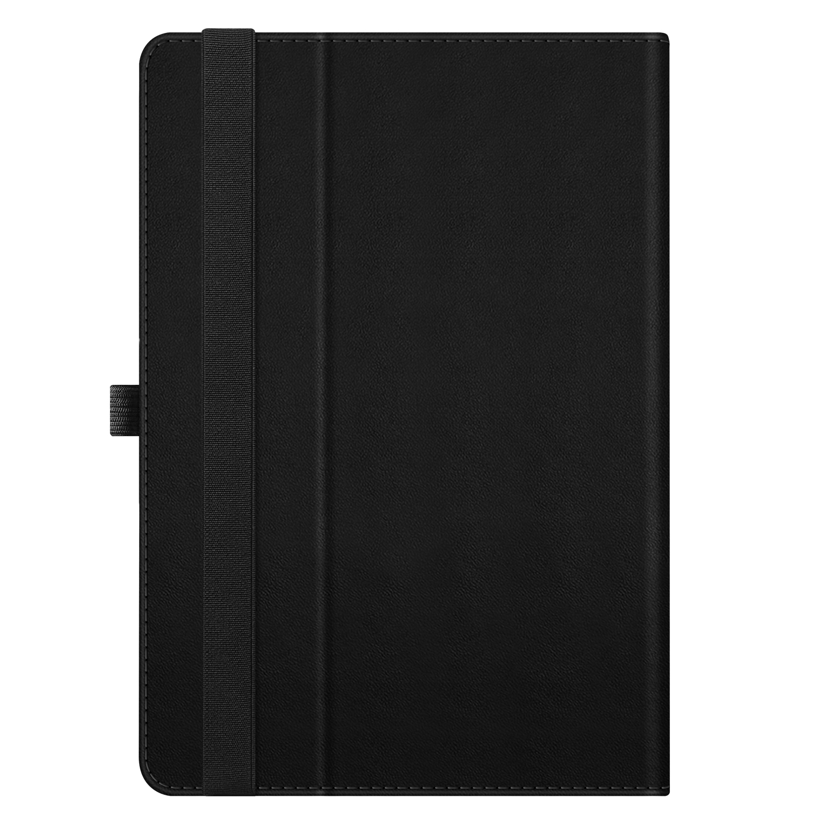 Eine geschlossene, schwarze Tablet-Hülle mit einem schwarzen Riemen an der Seite. Die Hülle ist schlicht und elegant.