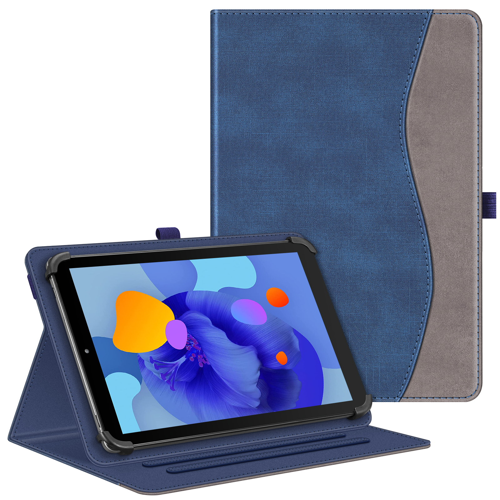 Eine blaue Tablet-Hülle mit einem Tablet darin, mit einem grauen Streifen an der Seite. Das Tablet zeigt ein farbenfrohes Bild.