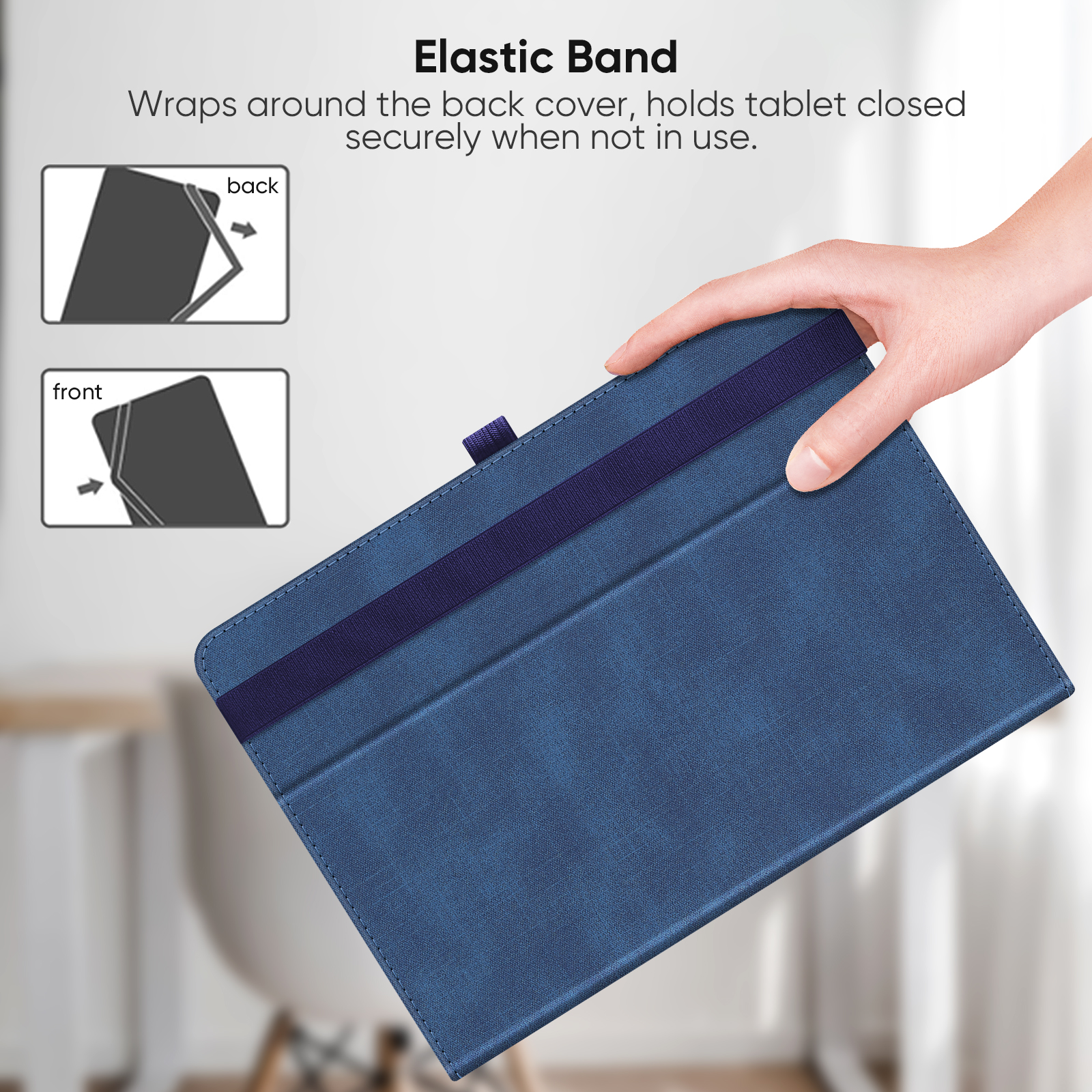Blaue Tablet-Hülle mit elastischem Band, das das Schließen zeigt.