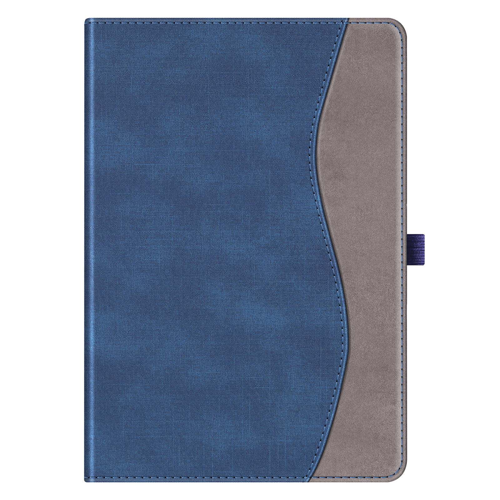 Blau-graue Tablet-Hülle aus Leder mit blauem Band.