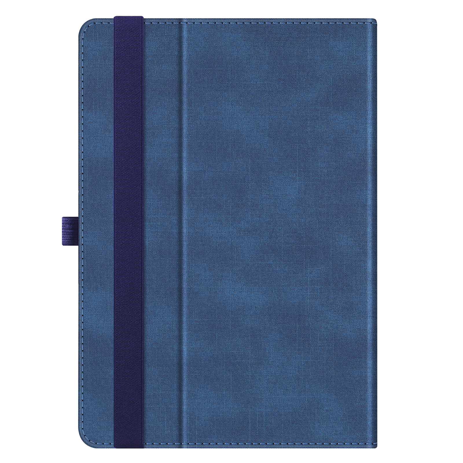 Geschlossene blaue Tablet-Hülle mit einem blauen Gummiband.