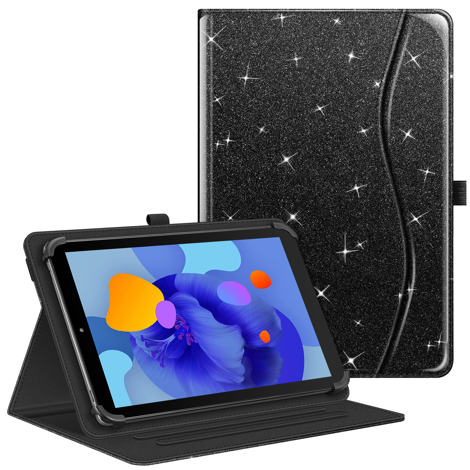 Tablet in einer glitzernden schwarzen Hülle, als Ständer gezeigt, mit farbenfrohem Bild.