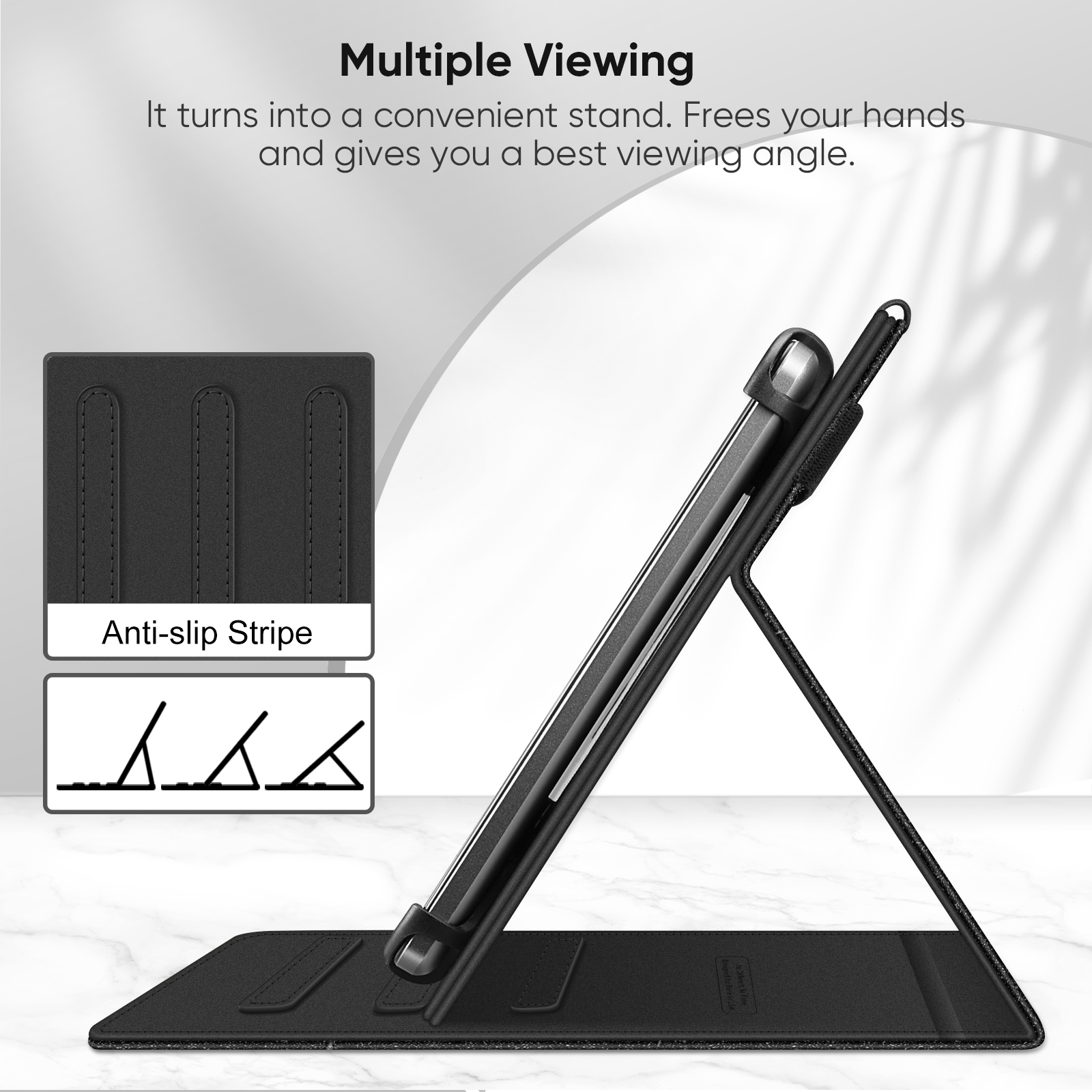 Schwarze Tablet-Hülle, die steht, mit Diagrammen der Ständerpositionen und Text.