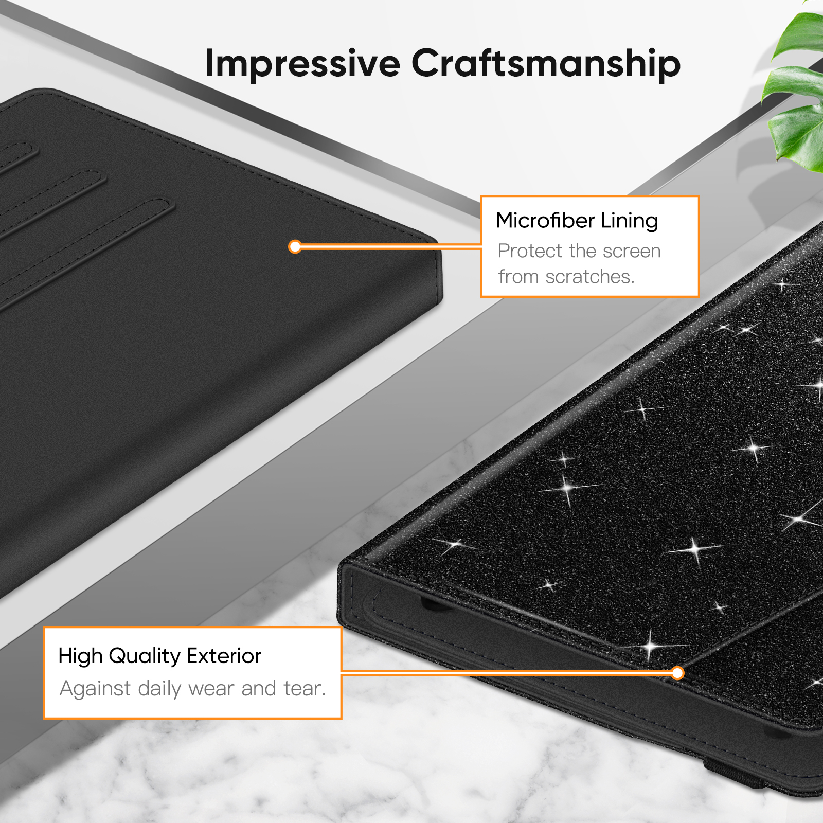 Nahaufnahme einer schwarzen Tablet-Hülle mit Details des Äußeren und des Futters.