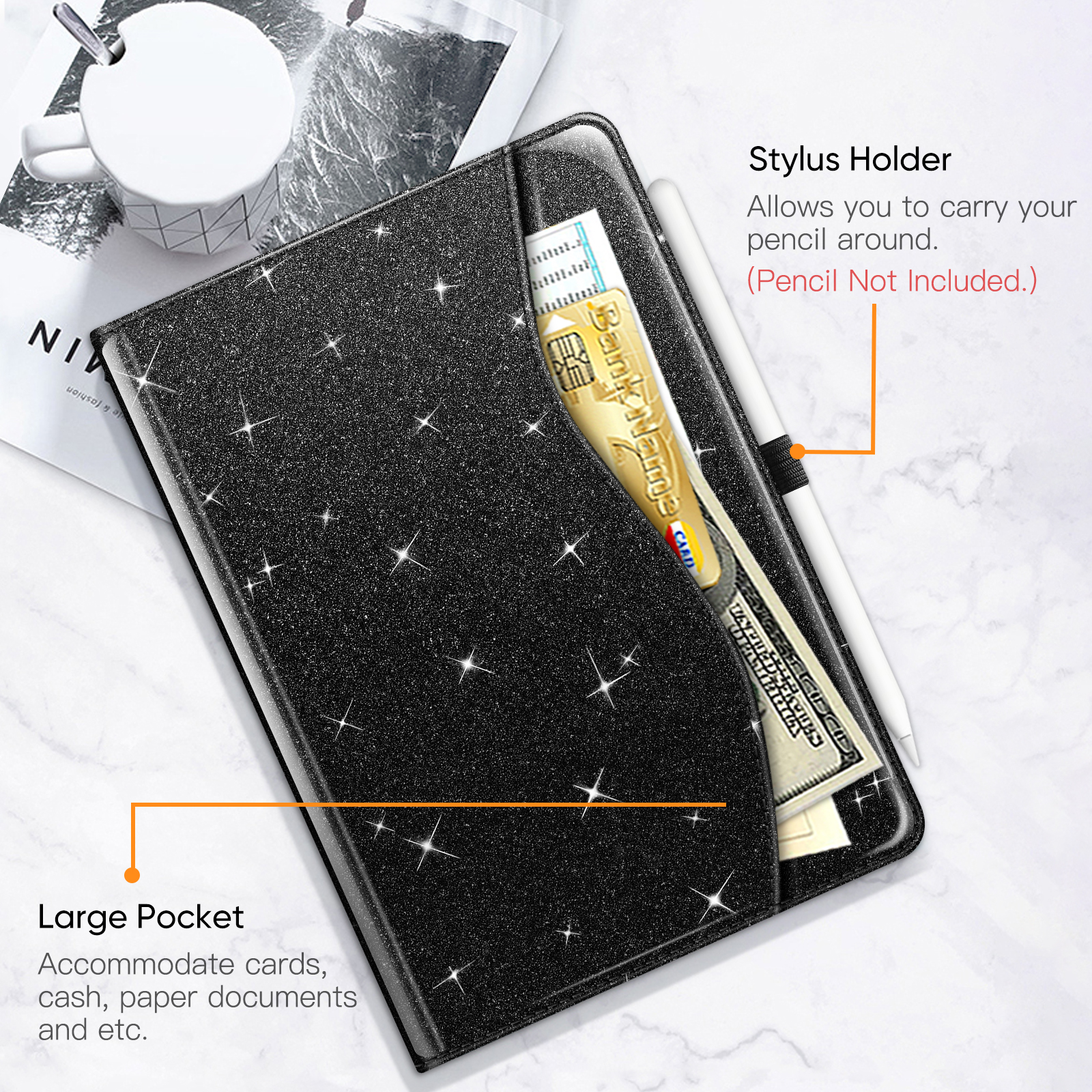 Schwarze Glitzer-Tablet-Hülle mit einer Tasche, die Geld, Kreditkarte und Stift hält.