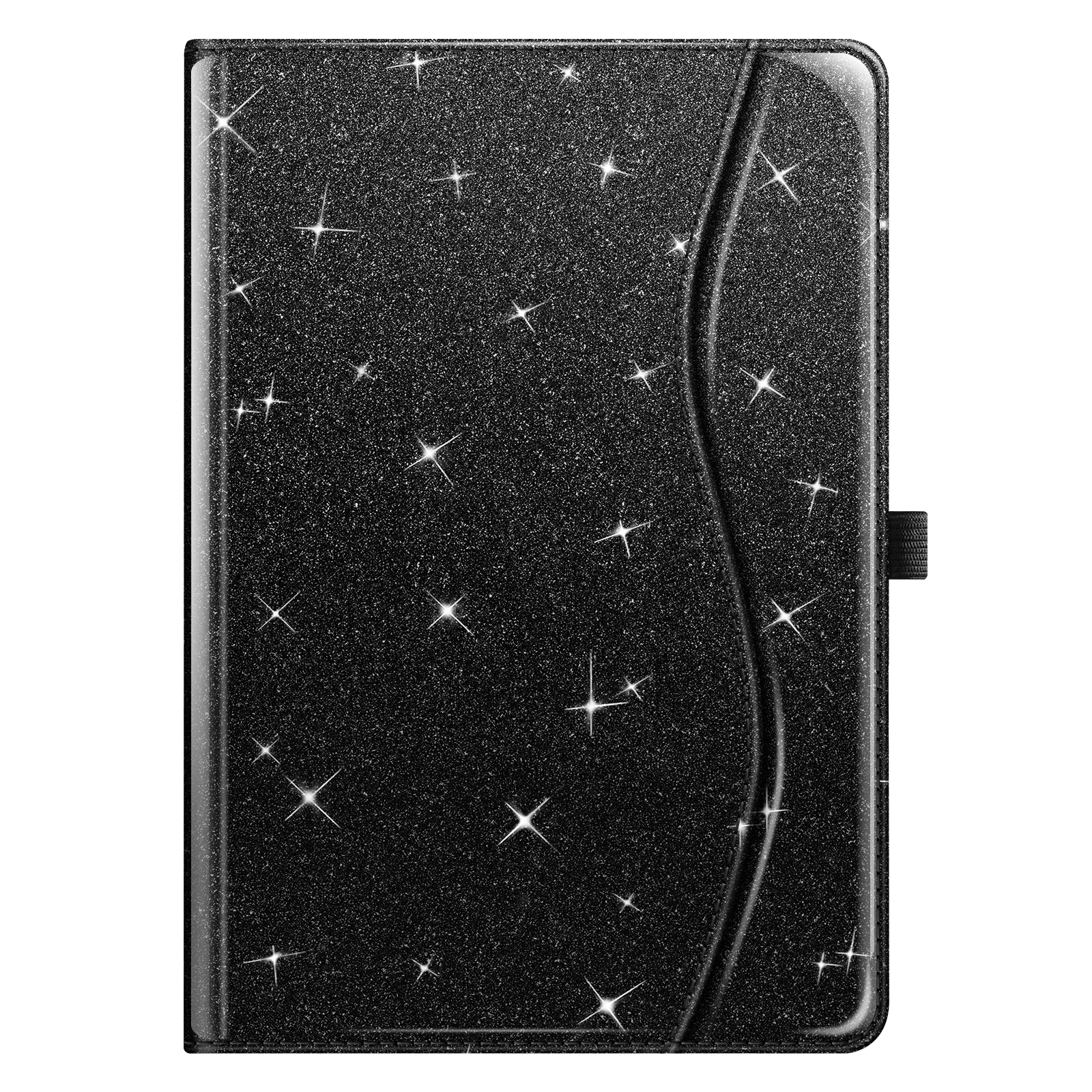 Schwarze Tablet-Hülle mit Sternmustern und Gummiband.
