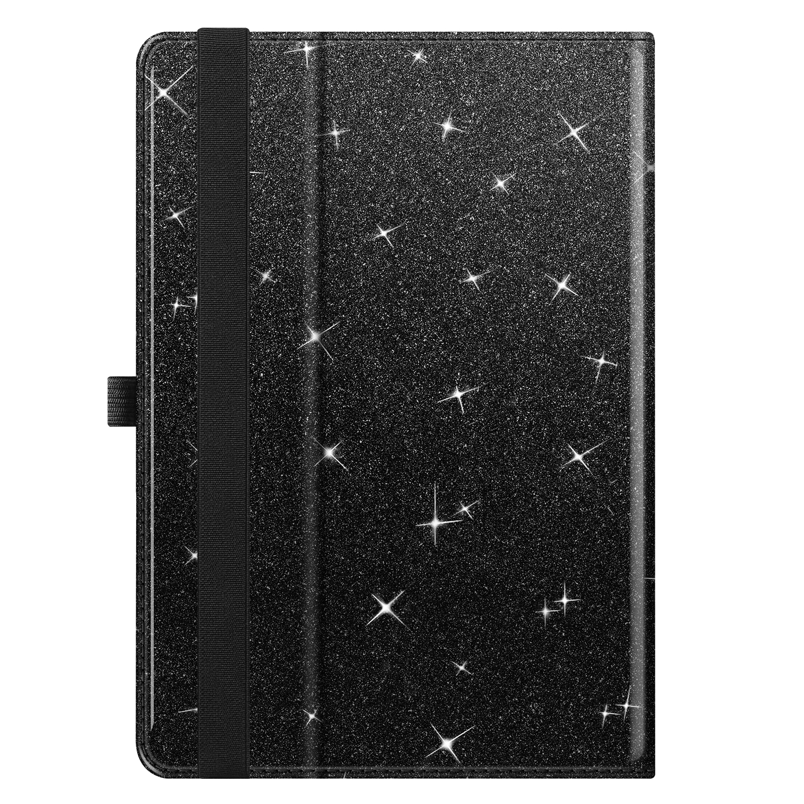Schwarze Tablethülle mit einem glitzernden Design. Ein schwarzes Gummiband ist an der Seite. Viele kleine Sterne.