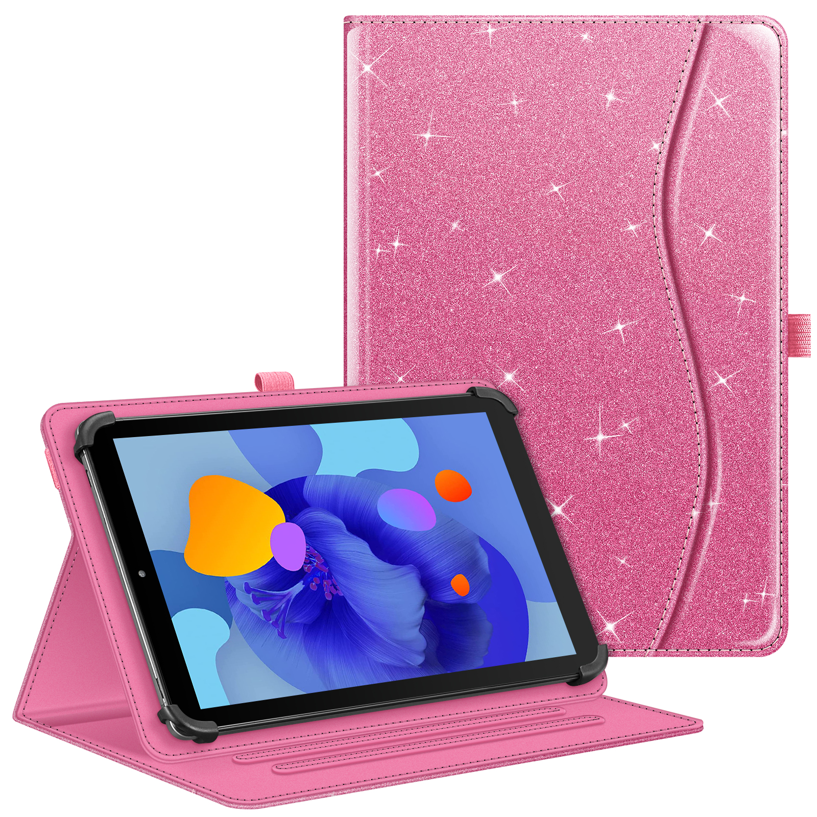 Rosa Glitzer-Tablet-Hülle mit einem Tablet darin, das auf einer Holzoberfläche steht.