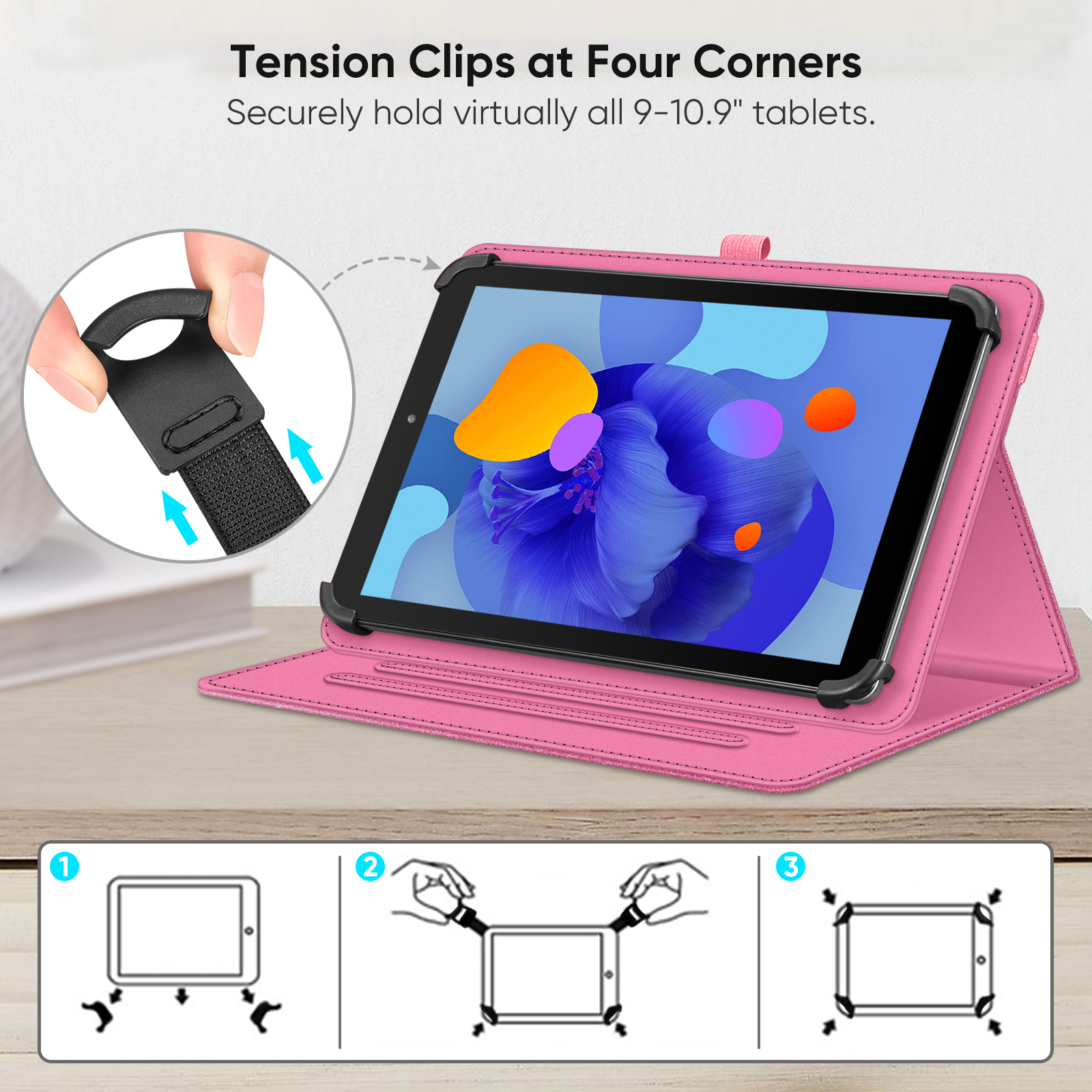 Tablet in rosa Hülle, geöffnet mit Anweisungen und Diagrammen. Hand legt Riemen an.