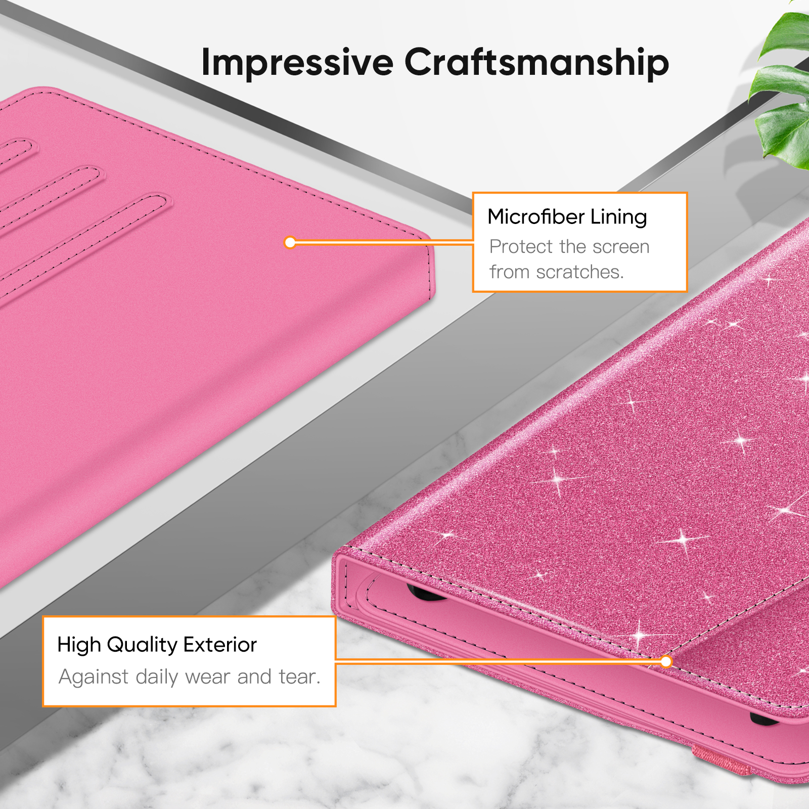 Nahaufnahme einer rosa Tablet-Hülle mit Details des Äußeren und des Futters.
