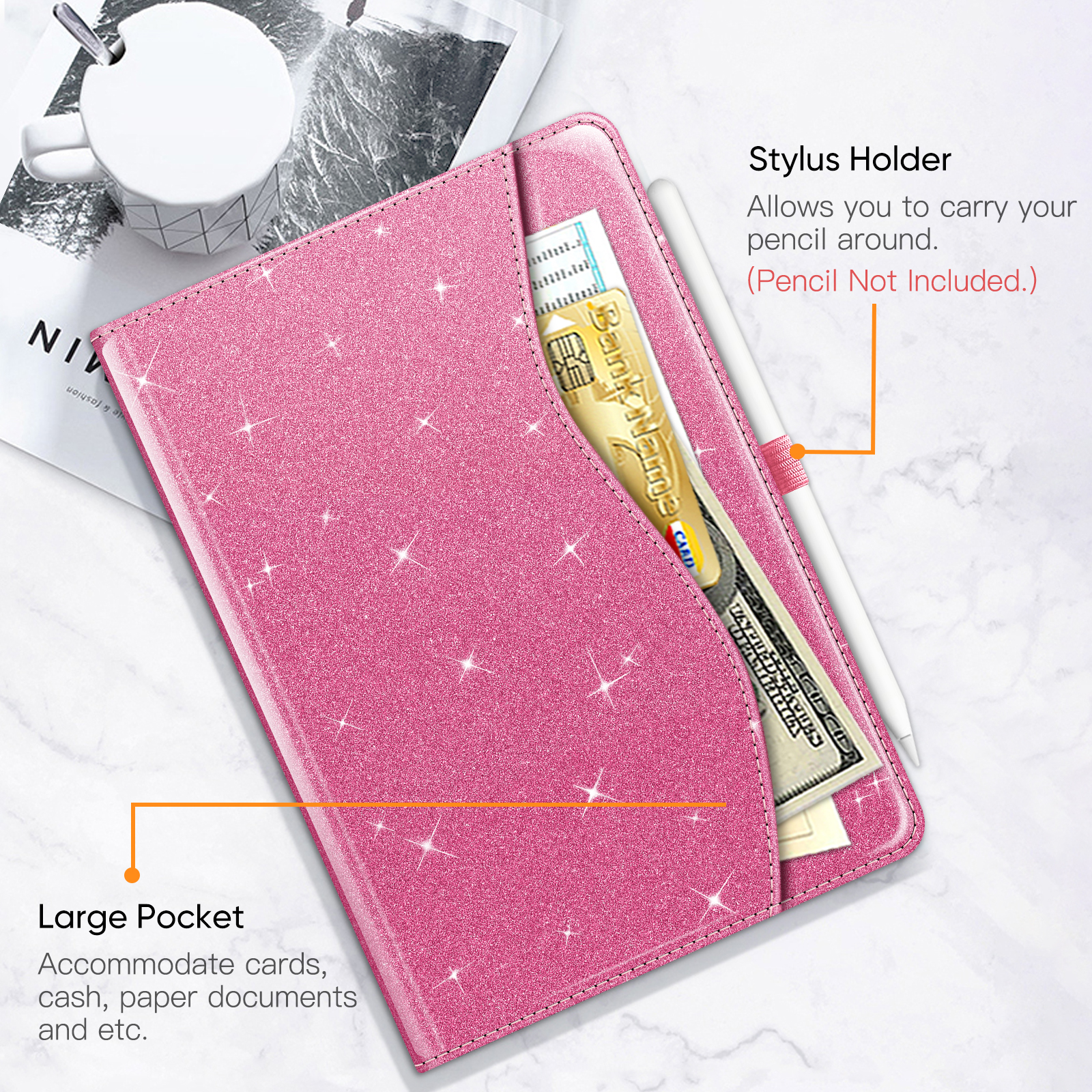Geöffnete rosa Glitzer-Tablethülle, mit Stifthalter und Tasche für Karten und Bargeld.