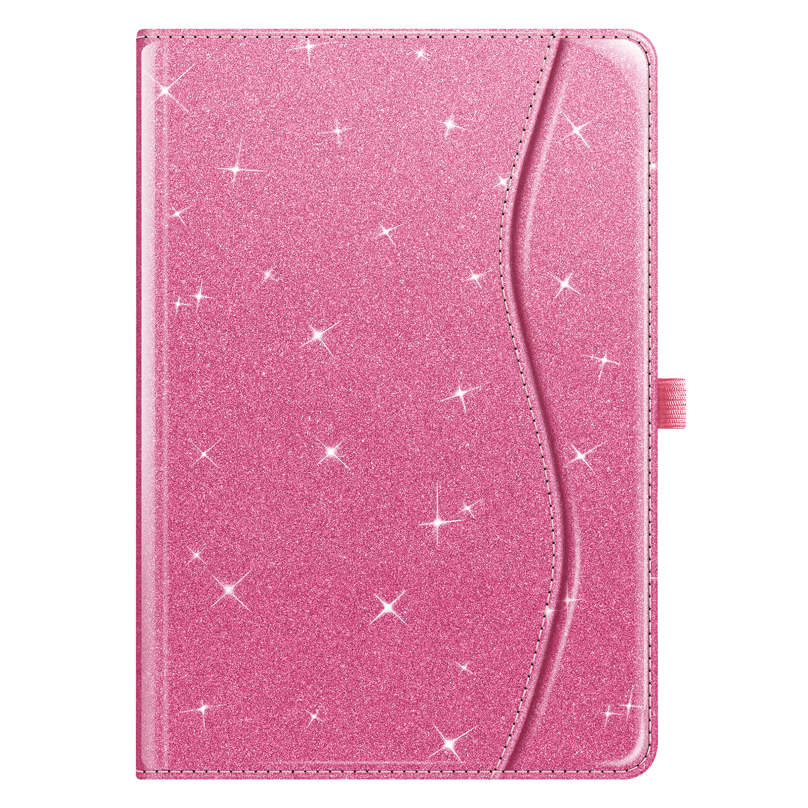 Geschlossene, rosa Glitzer-Tablethülle. Glitzermuster, rosa Gummiband und geschwungener Rand.