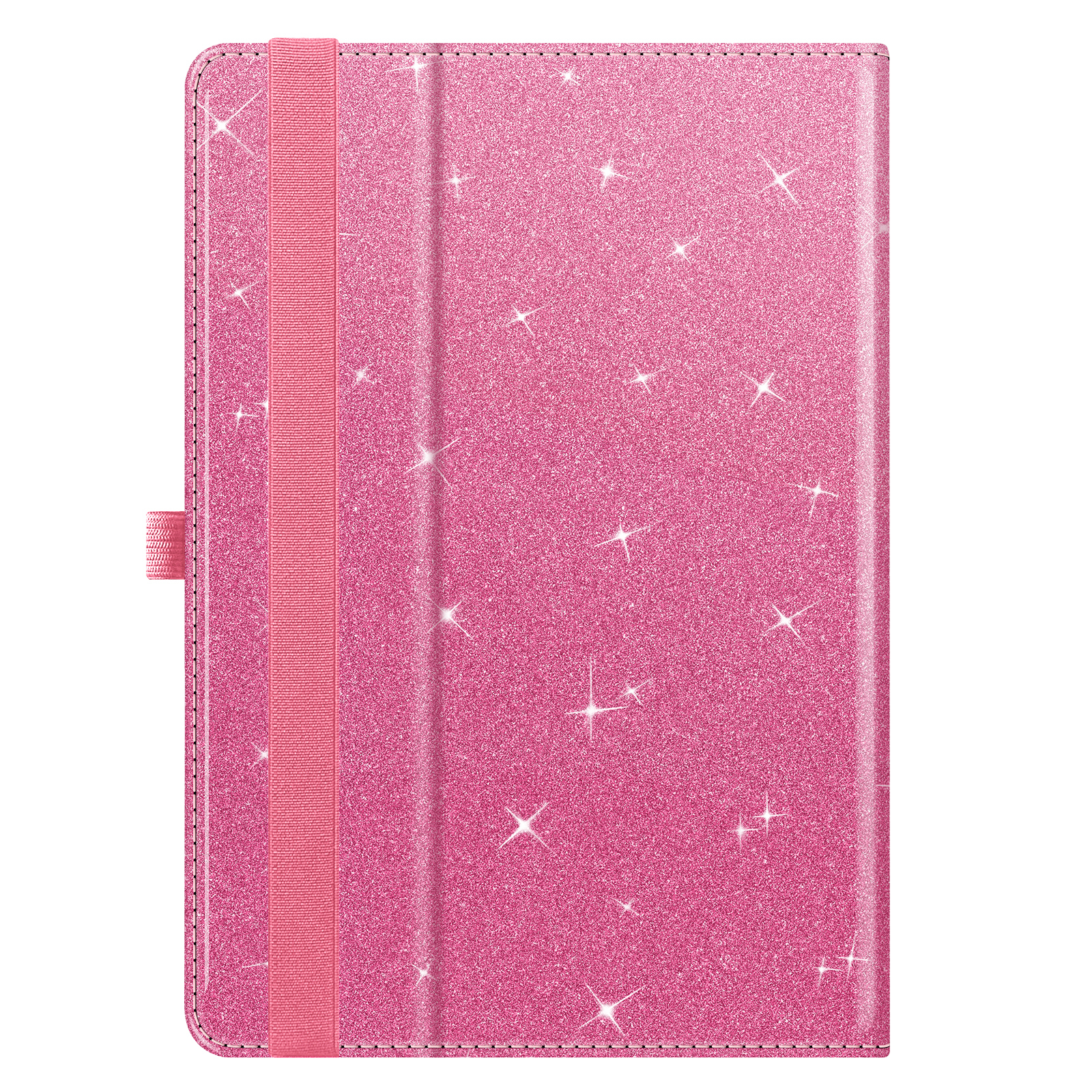 Geschlossene, rosa Glitzer-Tablethülle mit rosa Gummiband. Glitzermuster.
