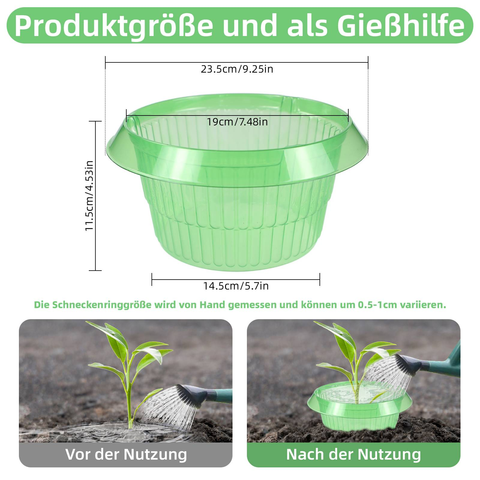 Grüner Pflanzenschutz mit Abmessungen. Vorher- und Nachher-Bilder zeigen Pflanzenpflege.