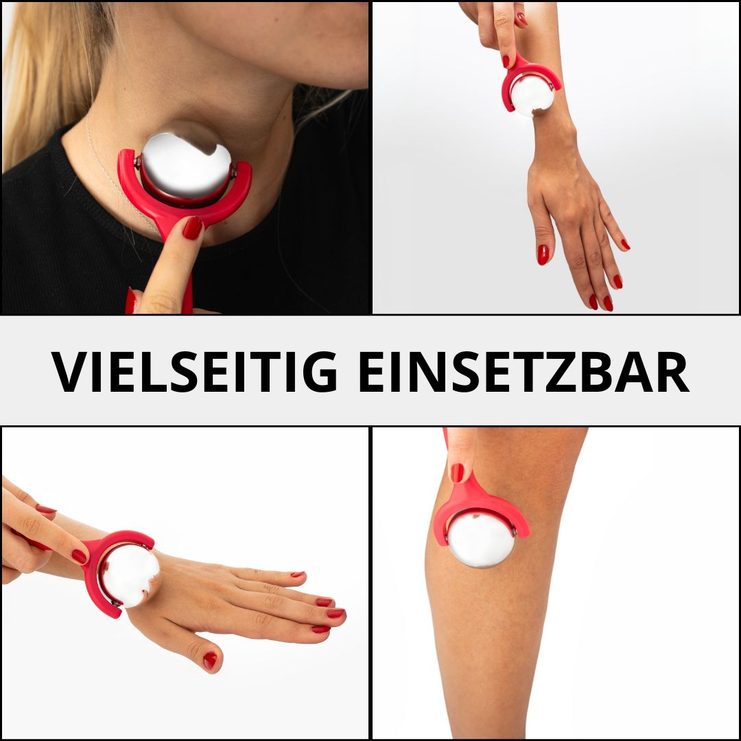 Das Bild zeigt ein Massage-Tool, das an Hals, Handgelenk, Hand und Bein verwendet wird, mit rotem Griff und silberner Kugel.