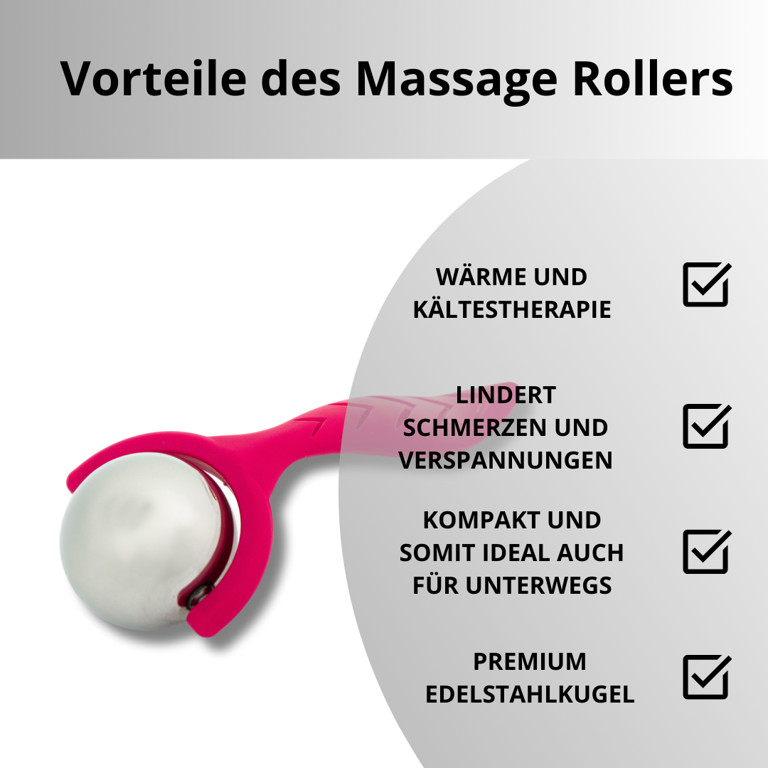 Rosa Massagerolle mit silberner Kugel. Text rechts hebt Vorteile wie Wärmetherapie hervor.