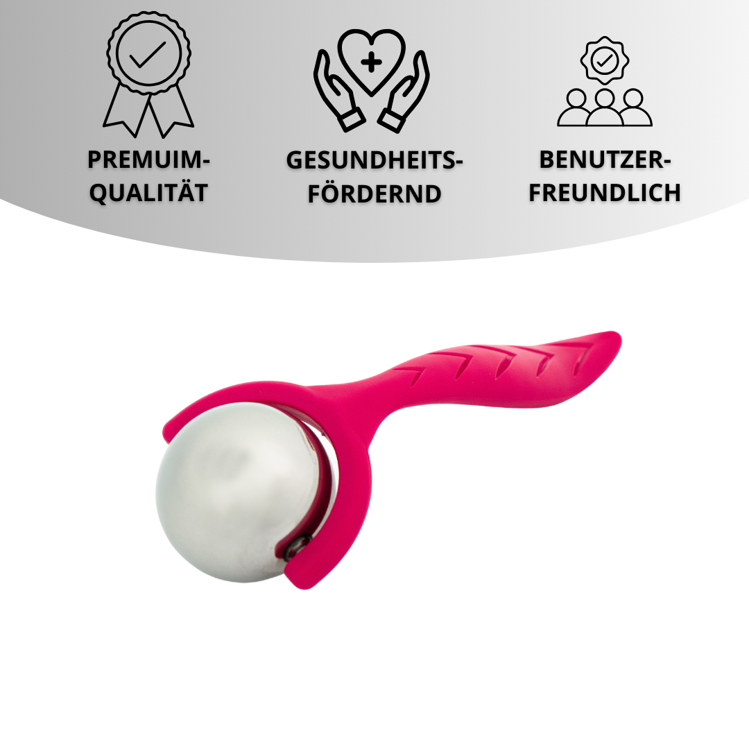 Ein rotes Massage-Tool mit silberner Kugel. Drei Symbole oben: Premium-Qualität, gesundheitsfördernd, benutzerfreundlich.