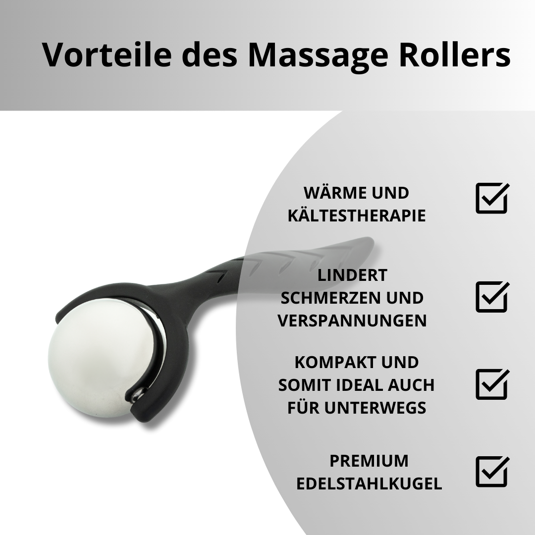 Ein Massage-Tool mit silberner Kugel und schwarzem Griff. Häkchen neben Text zu Vorteilen: Wärme, Schmerzlinderung usw.