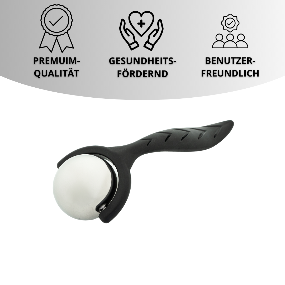 Ein schwarzes Massage-Tool mit silberner Kugel. Drei Symbole oben: Premium-Qualität, gesundheitsfördernd, benutzerfreundlich.