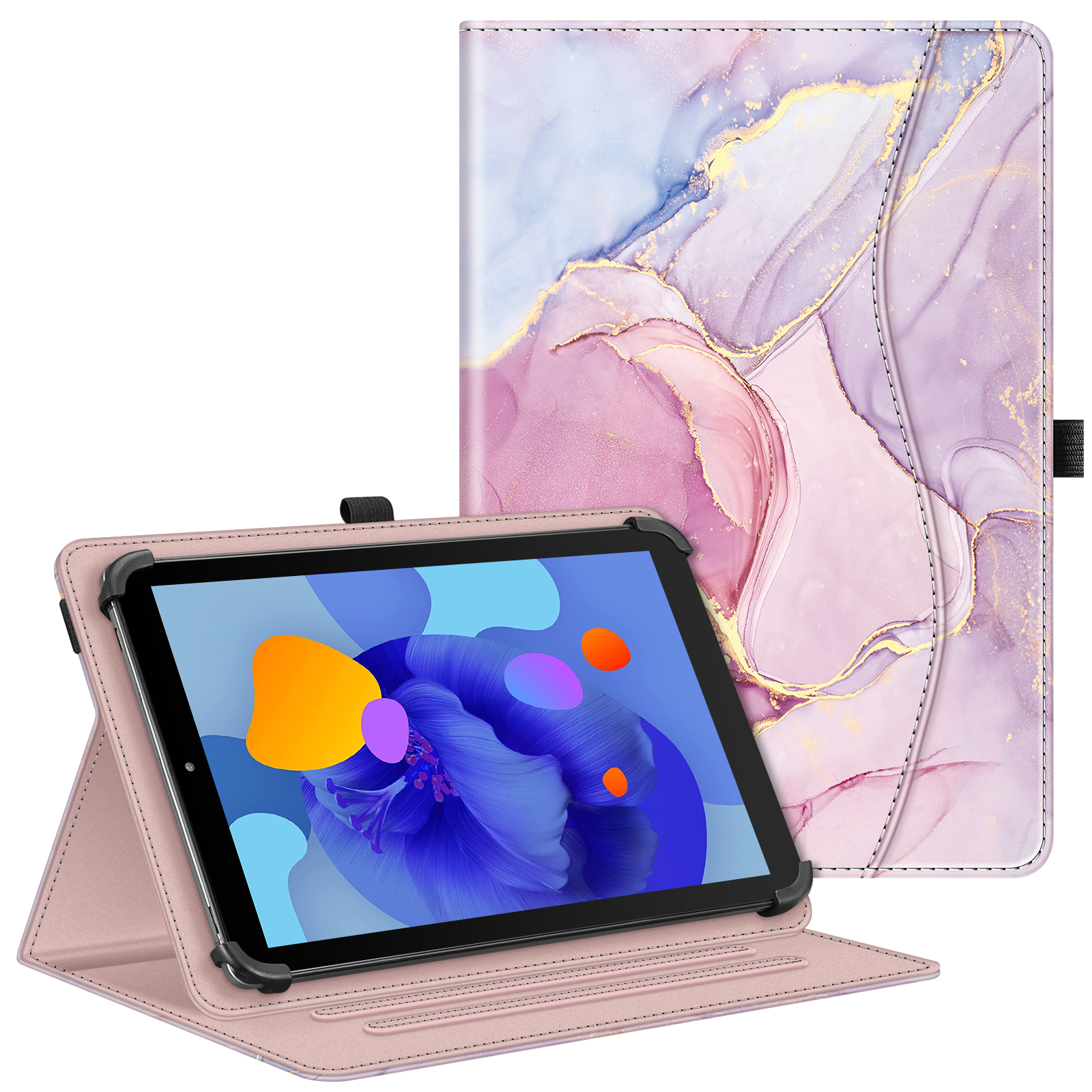 Ein Tablet in einer rosa Hülle, offen stehend, mit Marmormuster auf der Rückseite.
